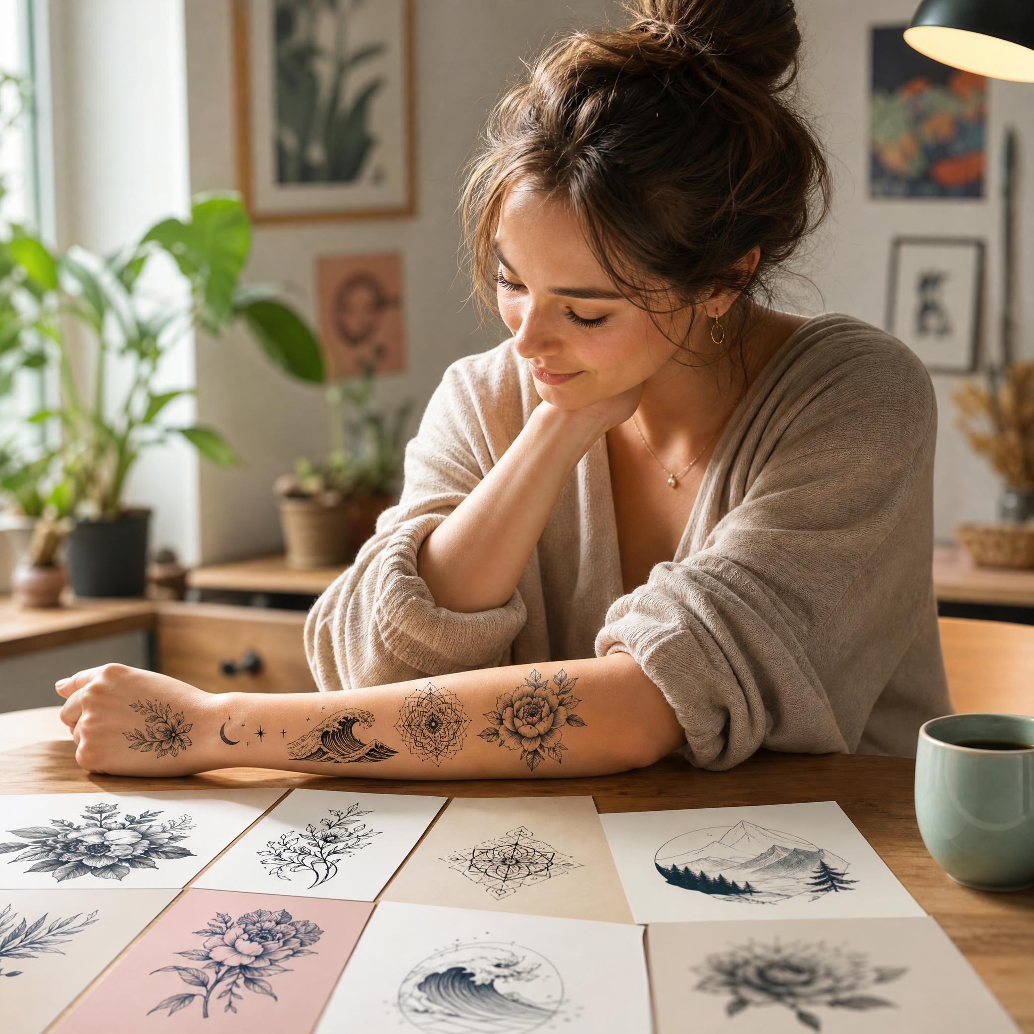 Illustration colorée et douce d'une personne contemplant différents styles de tatouage sur son avant-bras, ambiance chaleureuse et inspirante, sans texte
![Illustration colorée et douce d'une personne contemplant différents styles de tatouage sur son avant-bras, ambiance chaleureuse et inspirante, sans texte
