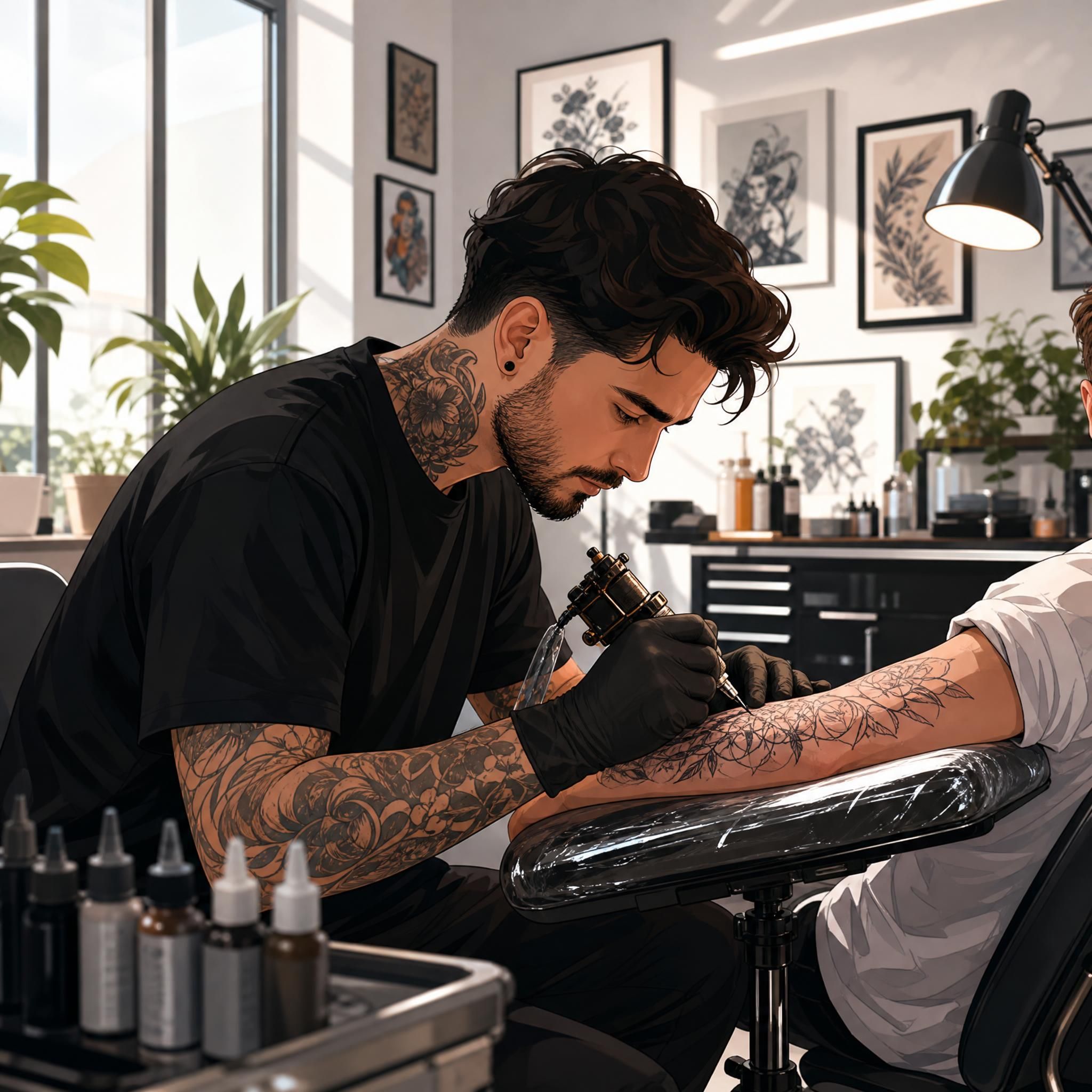 Illustration illustrative d'un tatoueur professionnel au travail dans un studio moderne et lumineux, style art illustratif sans texte