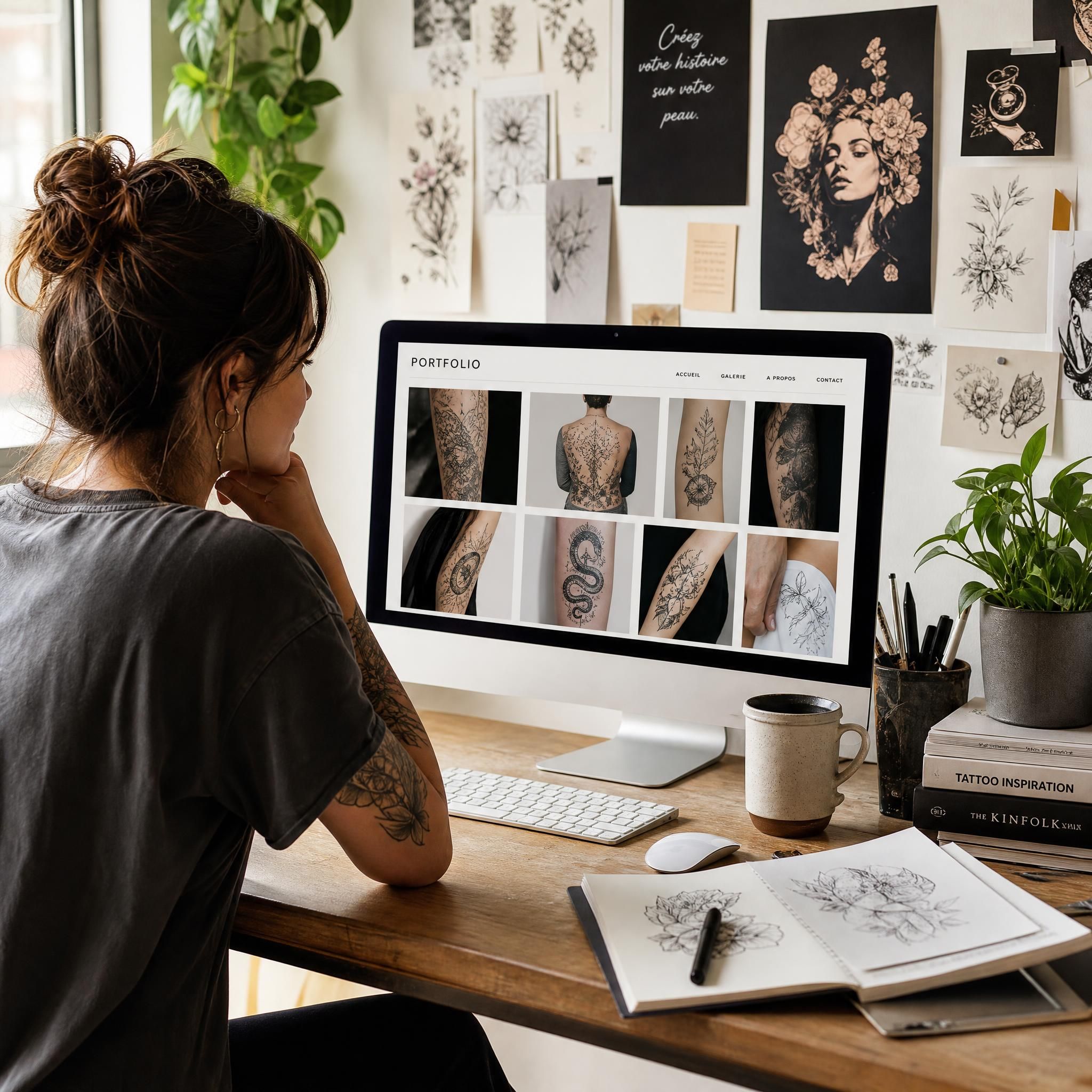 Illustration illustrative d'une personne décontractée consultant un portfolio de tatouages sur un écran, entourée de planches d'inspiration artistiques dans un studio lumineux et accueillant