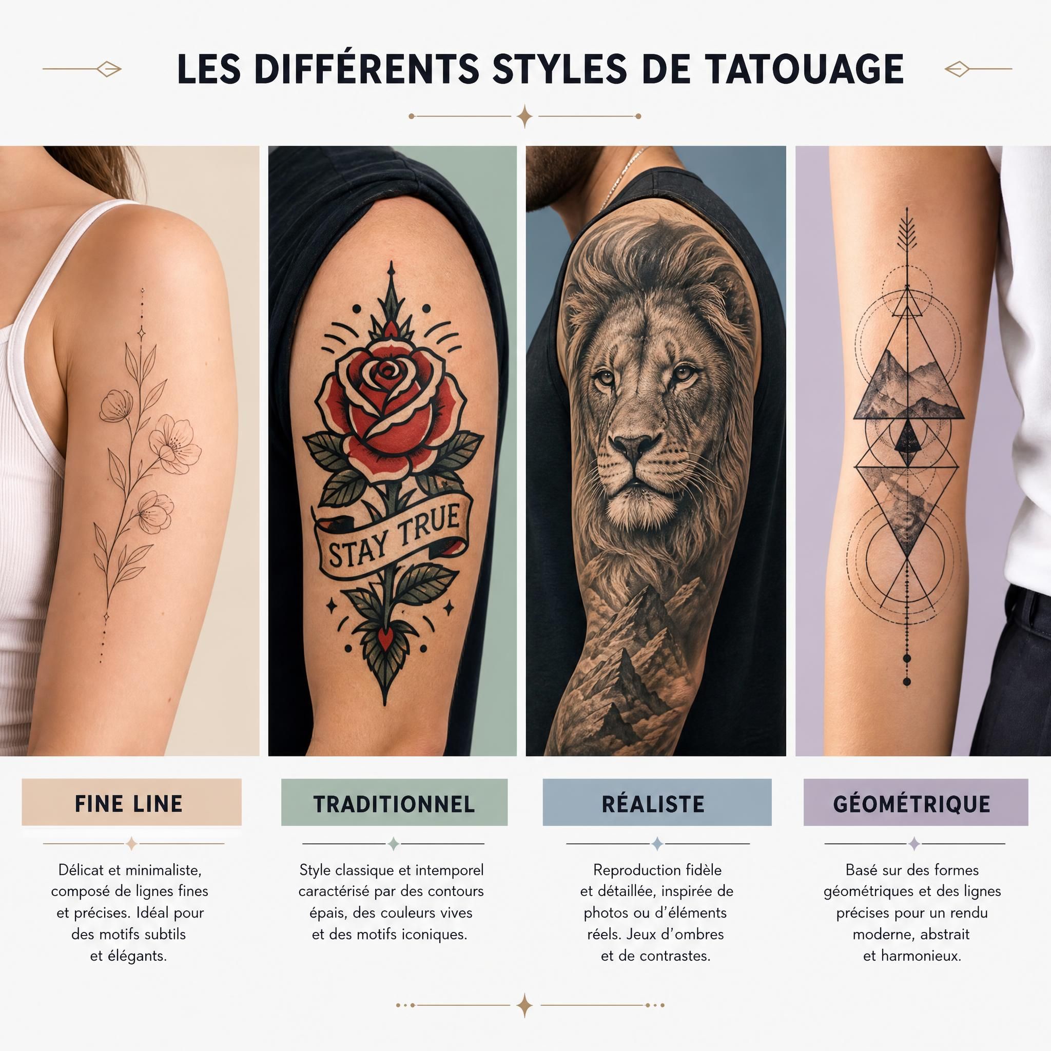 Illustration illustrative de différents styles de tatouage côte à côte - fine line, traditionnel, réaliste, géométrique - style graphique coloré
