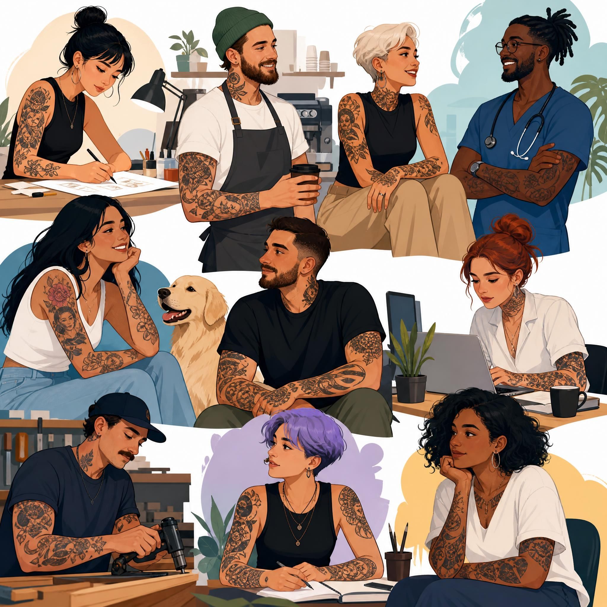 Illustration colorée et illustrative représentant une diversité de personnes tatouées dans différents contextes sociaux et professionnels, sans texte