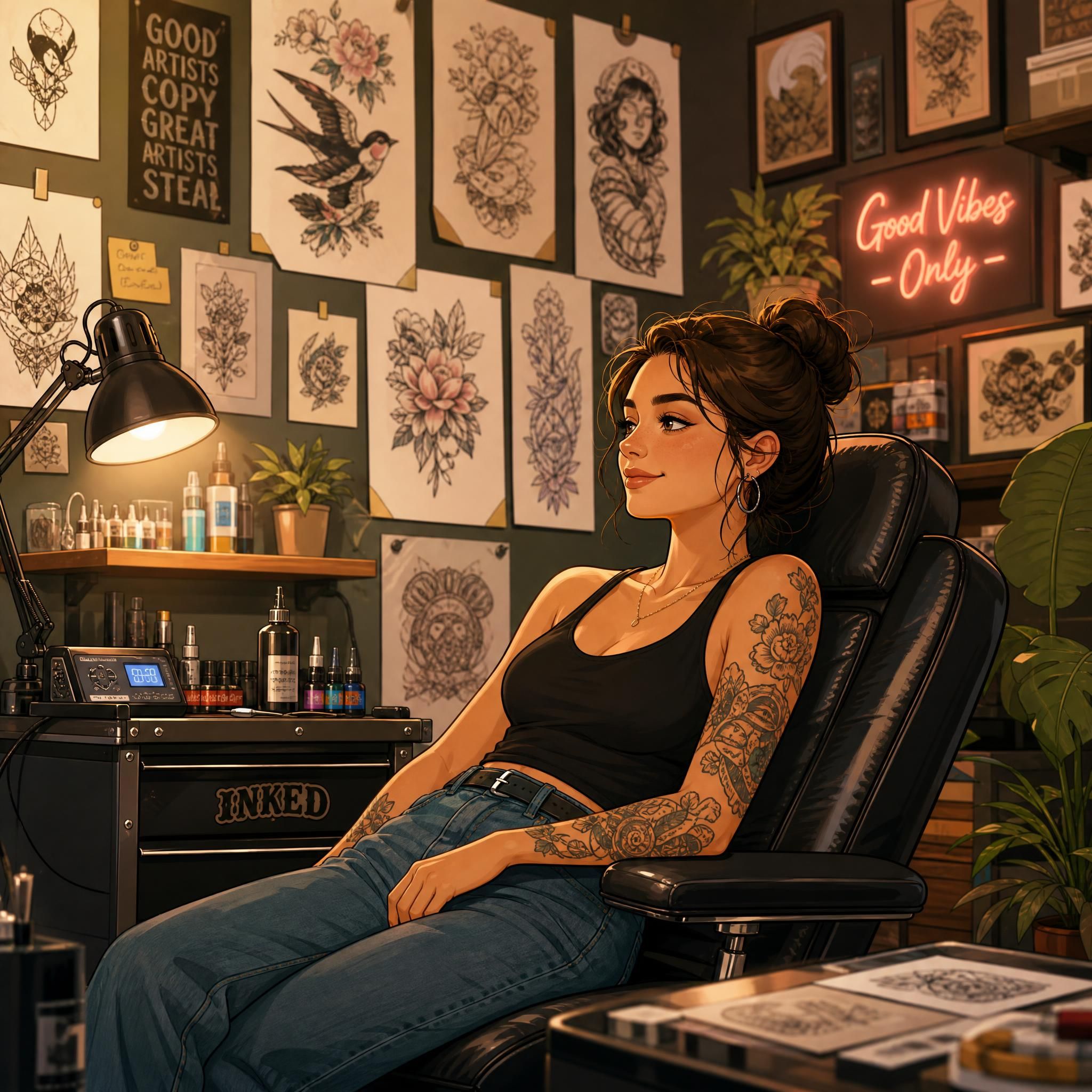 Illustration colorée et douce d'une personne assise dans un fauteuil de salon de tatouage, entourée de dessins et de croquis sur les murs, ambiance chaleureuse et artistique