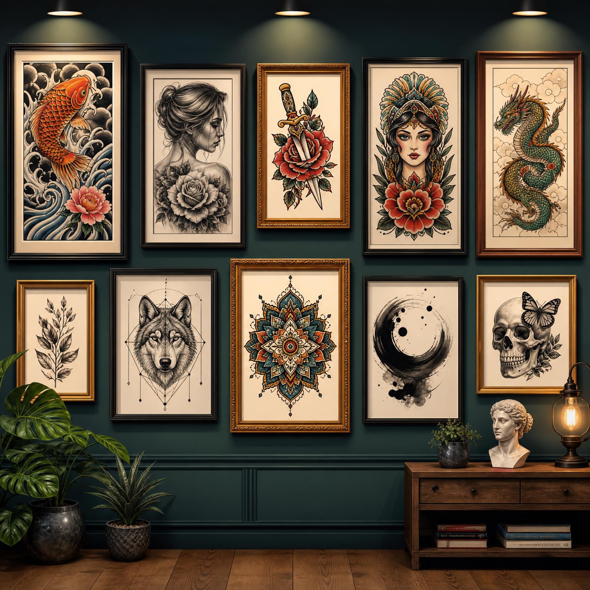Illustration illustrative d'une galerie de styles de tatouage variés présentés comme des œuvres d'art encadrées, style illustratif coloré sans texte