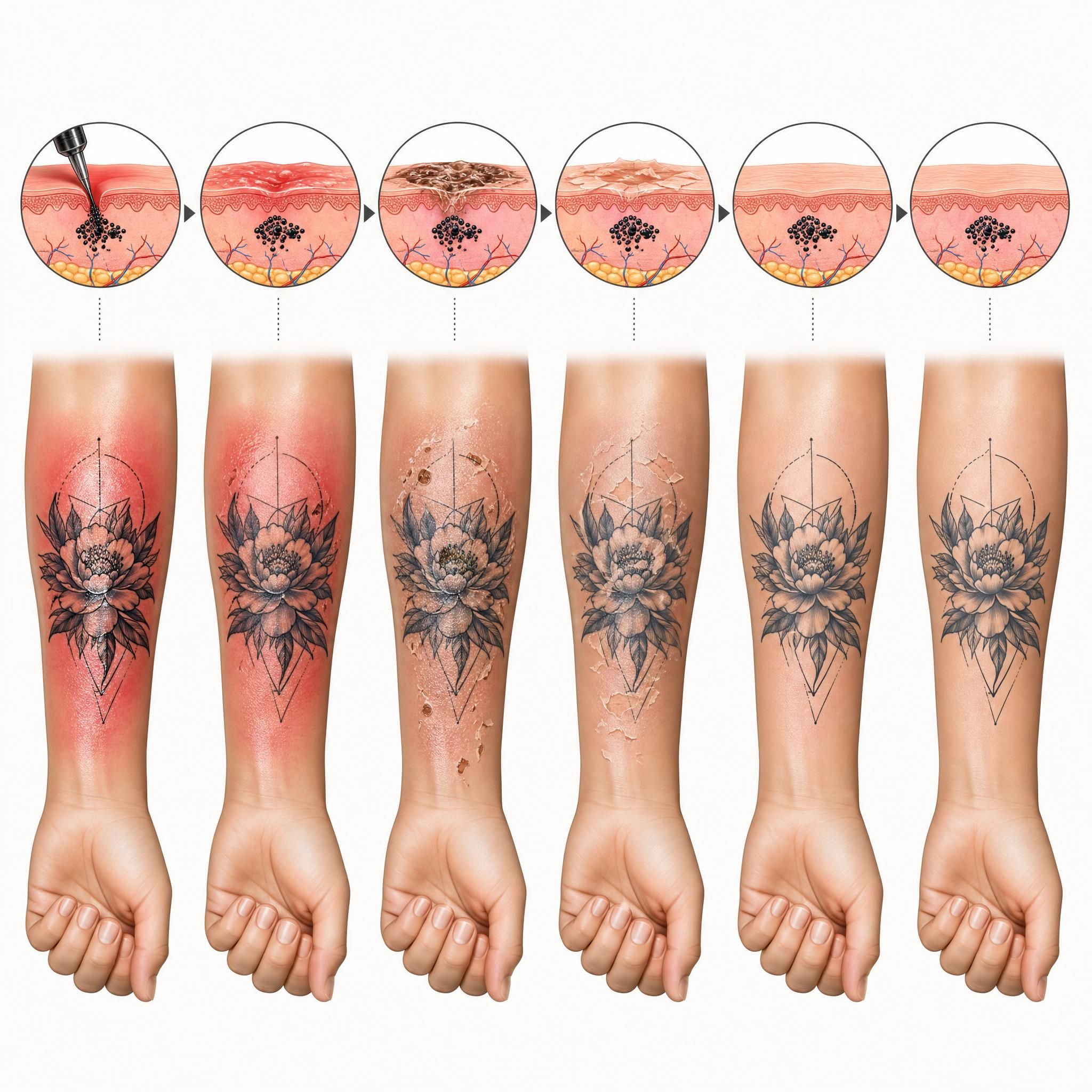 Illustration illustrative montrant les étapes de cicatrisation d'un tatouage sur un bras, représentées de façon schématique et colorée, sans texte dans l'image