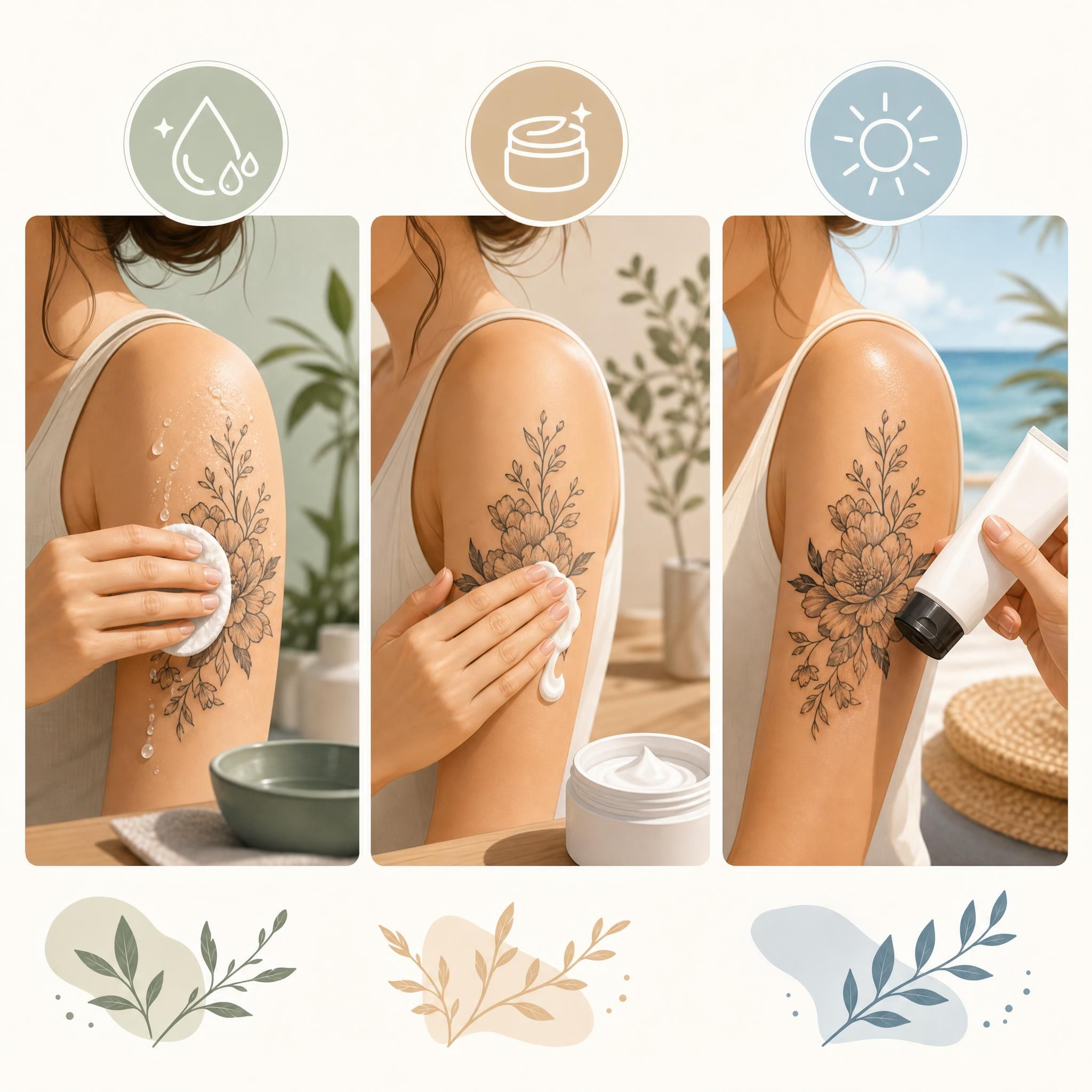 Illustration illustrative et apaisante montrant les étapes de soin d'un tatouage — nettoyage, hydratation, protection solaire — style graphique doux sans texte