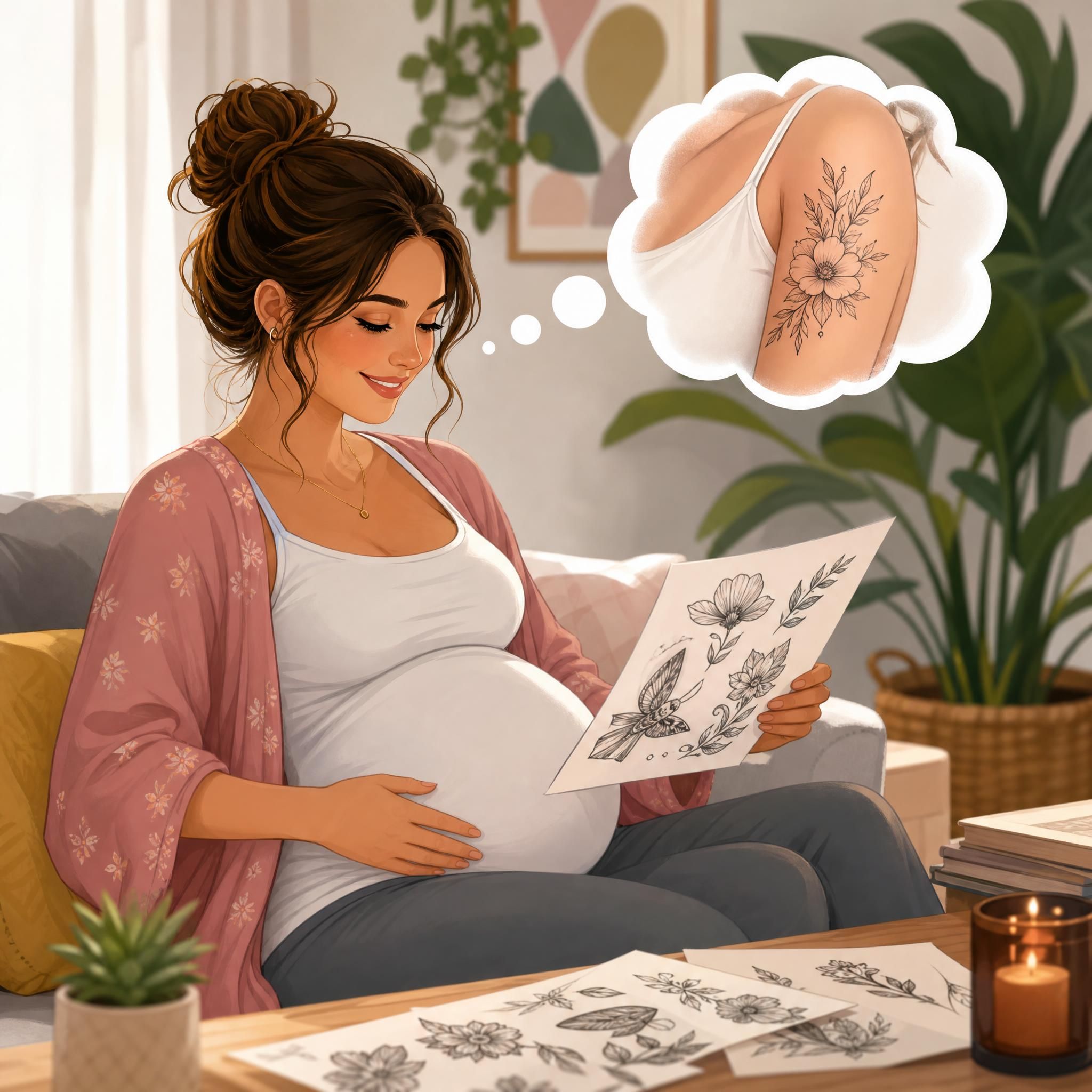 Illustration illustrative d'une femme enceinte souriante regardant des dessins de tatouages, avec une bulle de pensée montrant qu'elle planifie son futur tatouage, style doux et coloré sans texte