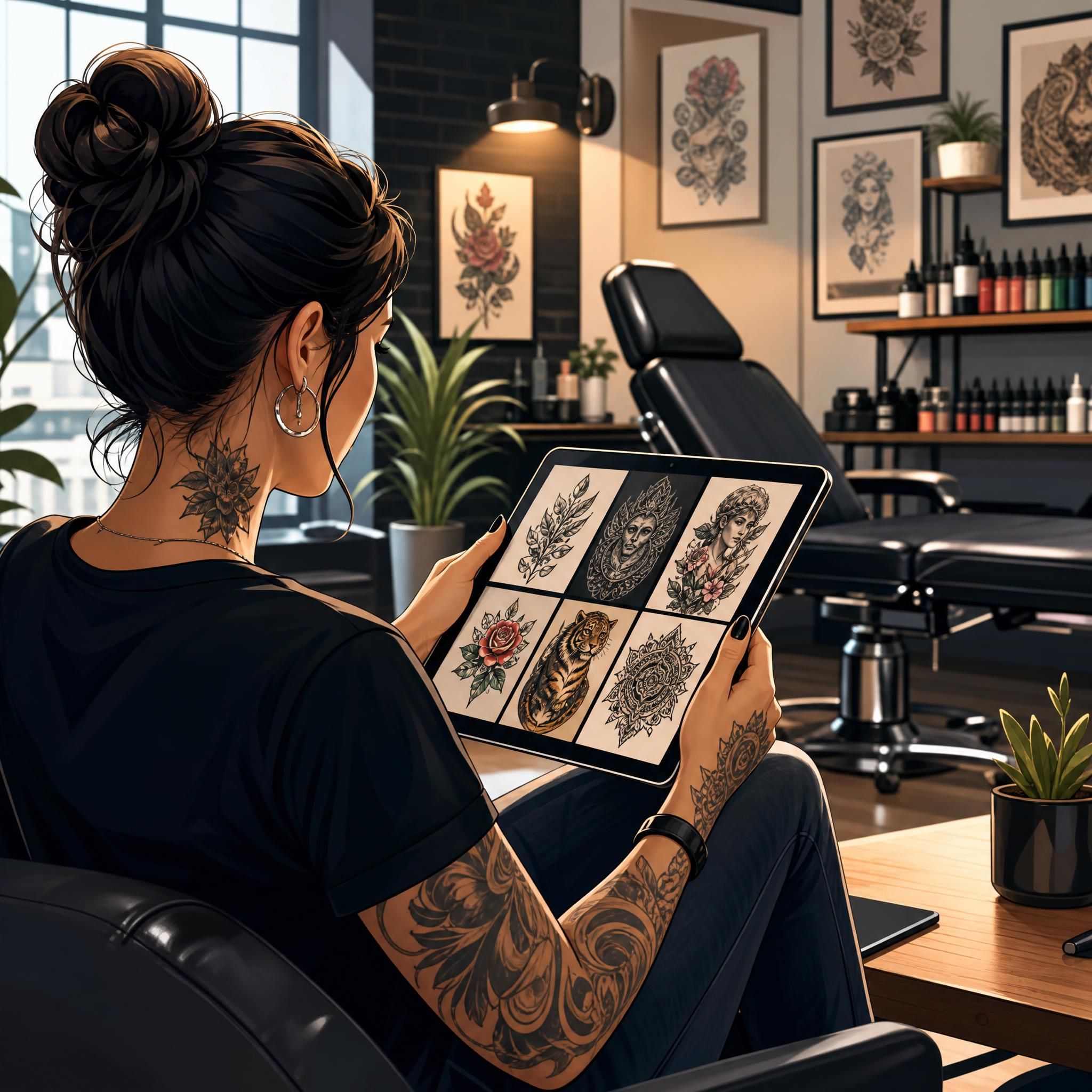Illustration d'une personne consultant un portfolio de tatouage sur une tablette dans un studio moderne, style illustratif coloré sans texte