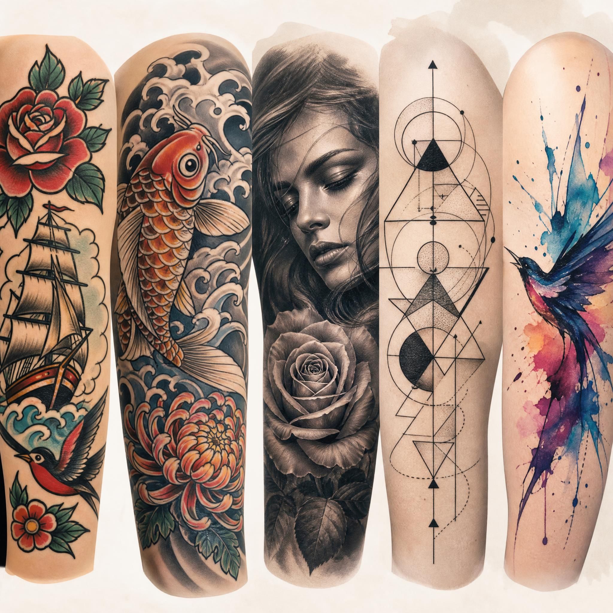 Illustration illustrative et colorée montrant une planche de différents styles de tatouage côte à côte, old school, japonais, réaliste, géométrique, sans texte
