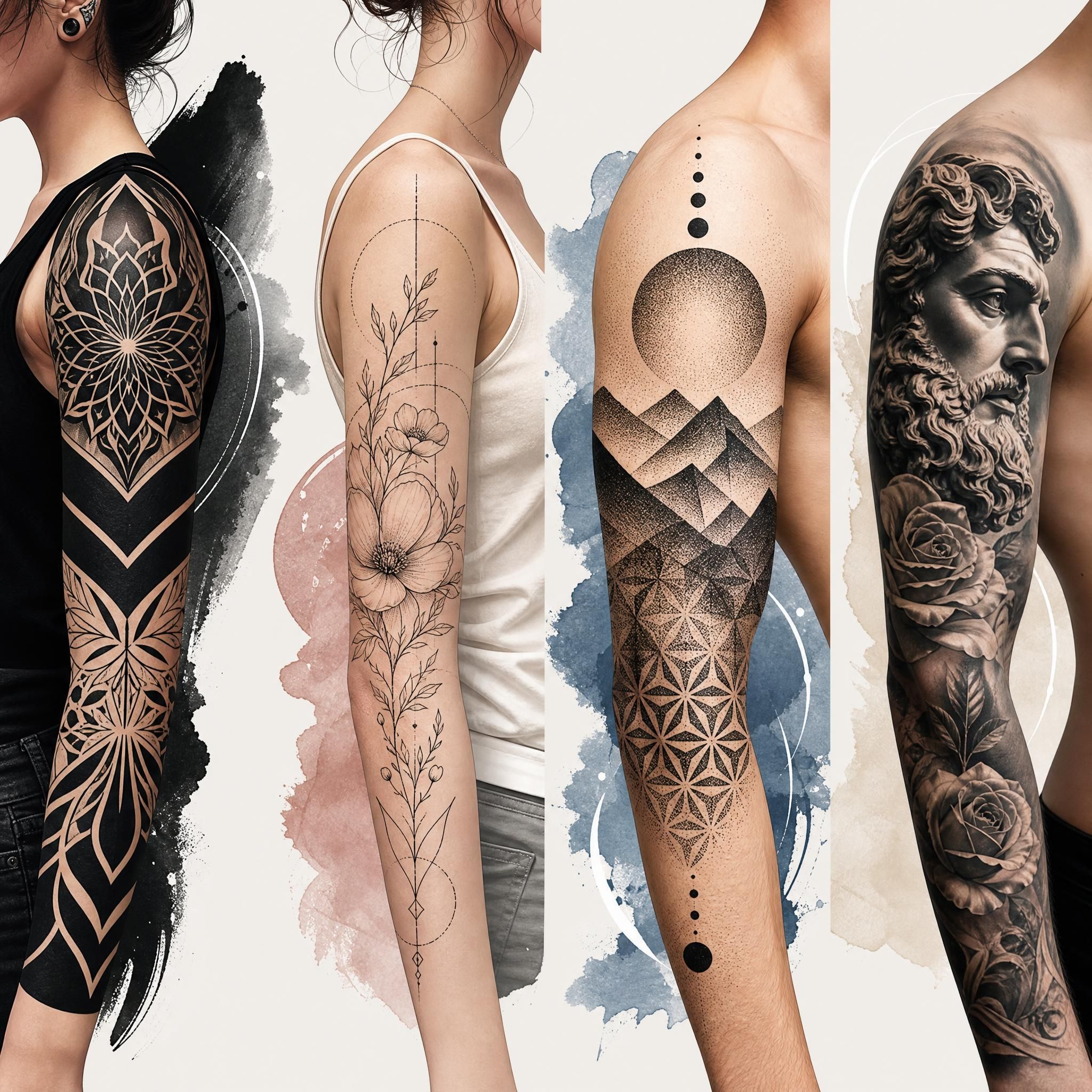 Illustration illustrative montrant différents styles de tatouage côte à côte — blackwork, fine line, dotwork et réalisme — style graphique coloré sans texte