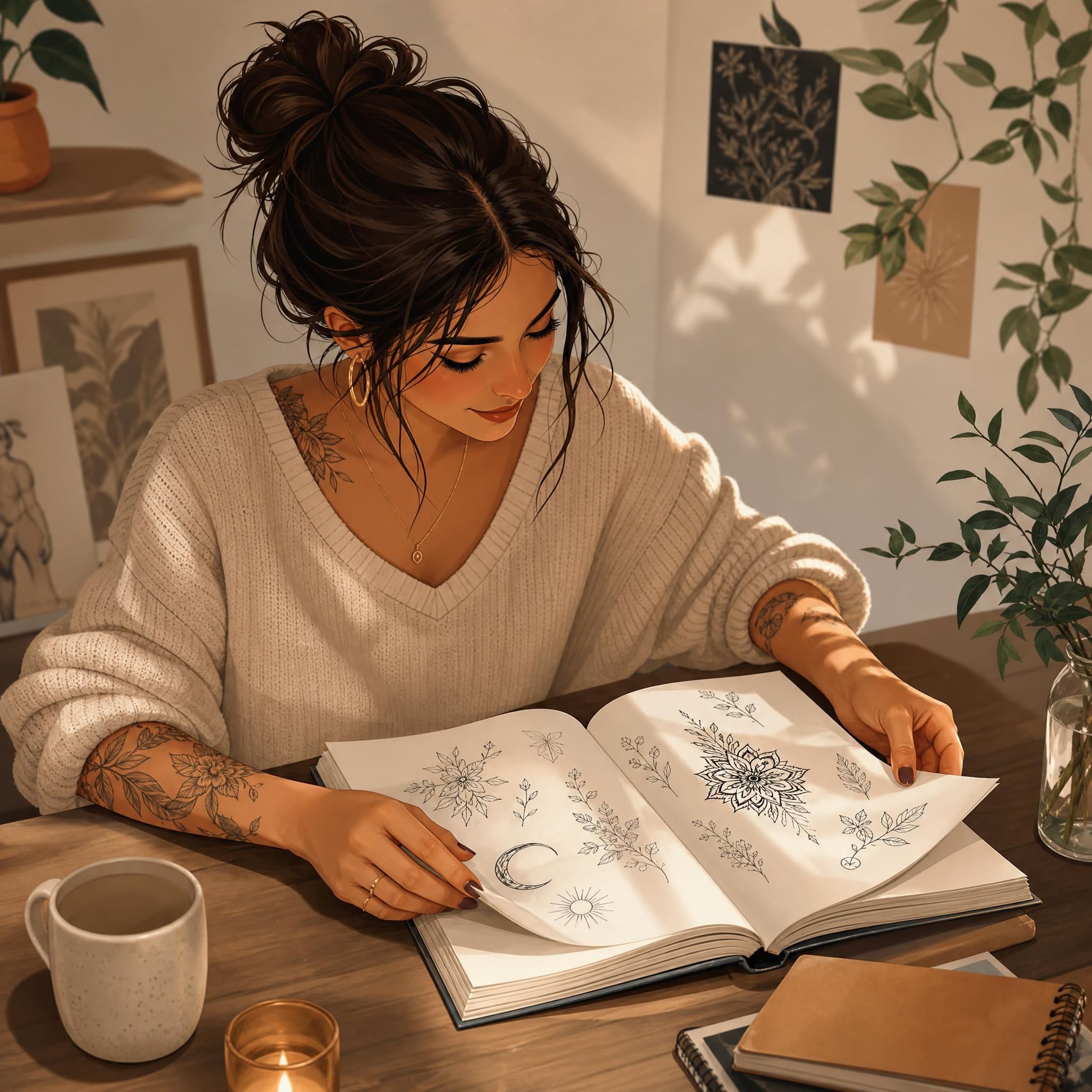 Illustration douce et inspirante d'une femme qui feuillette des inspirations de tatouage dans un carnet, ambiance chaleureuse et bienveillante, style illustratif sans texte