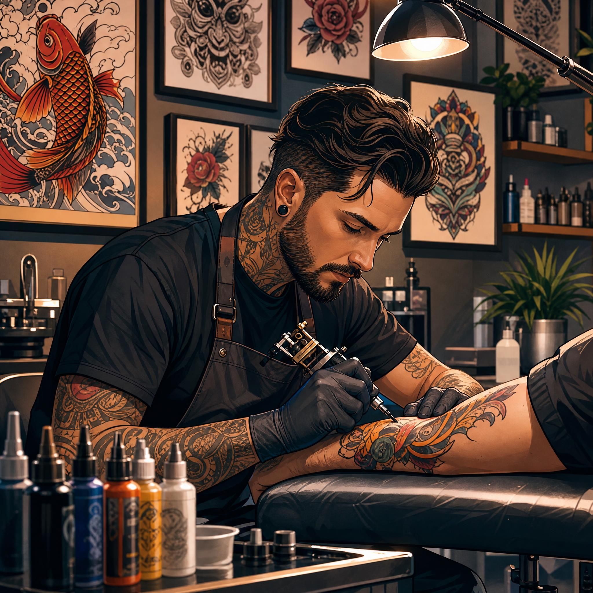 Illustration artistique colorée d'un tatoueur professionnel au travail dans son studio, entouré de différents styles de tatouage, style illustratif sans texte