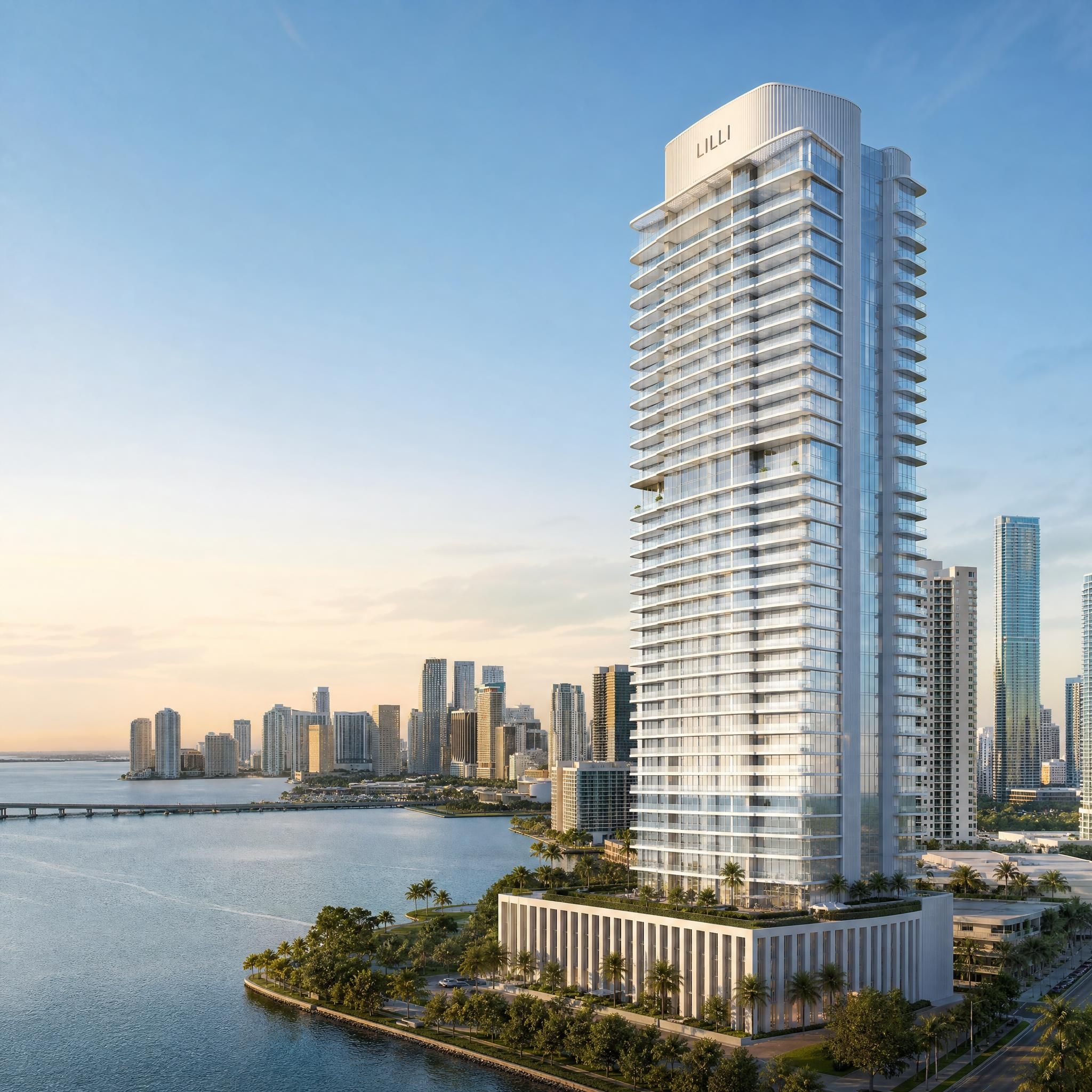 Architectural rendering of Lilli residential tower rising above Biscayne Bay in Miami's Edgewater neighborhood, designed by Adrian Smith + Gordon Gill Architecture