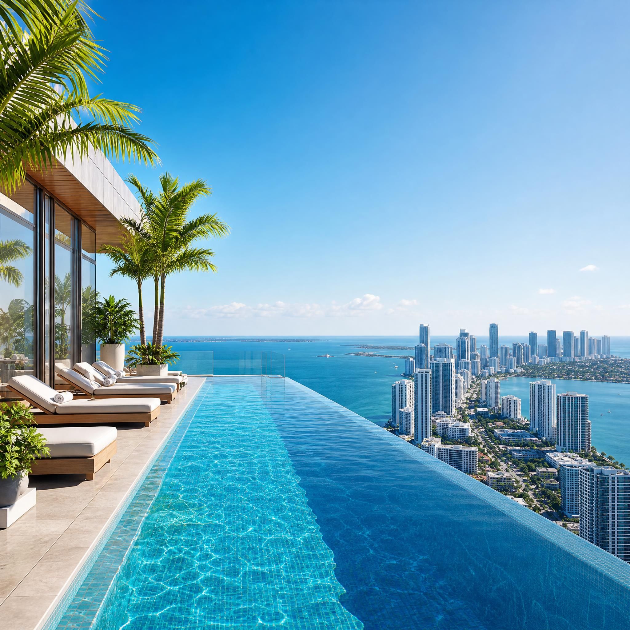 Rooftop infinity pool at a Miami luxury high-rise with panoramic views of the ocean and city skyline