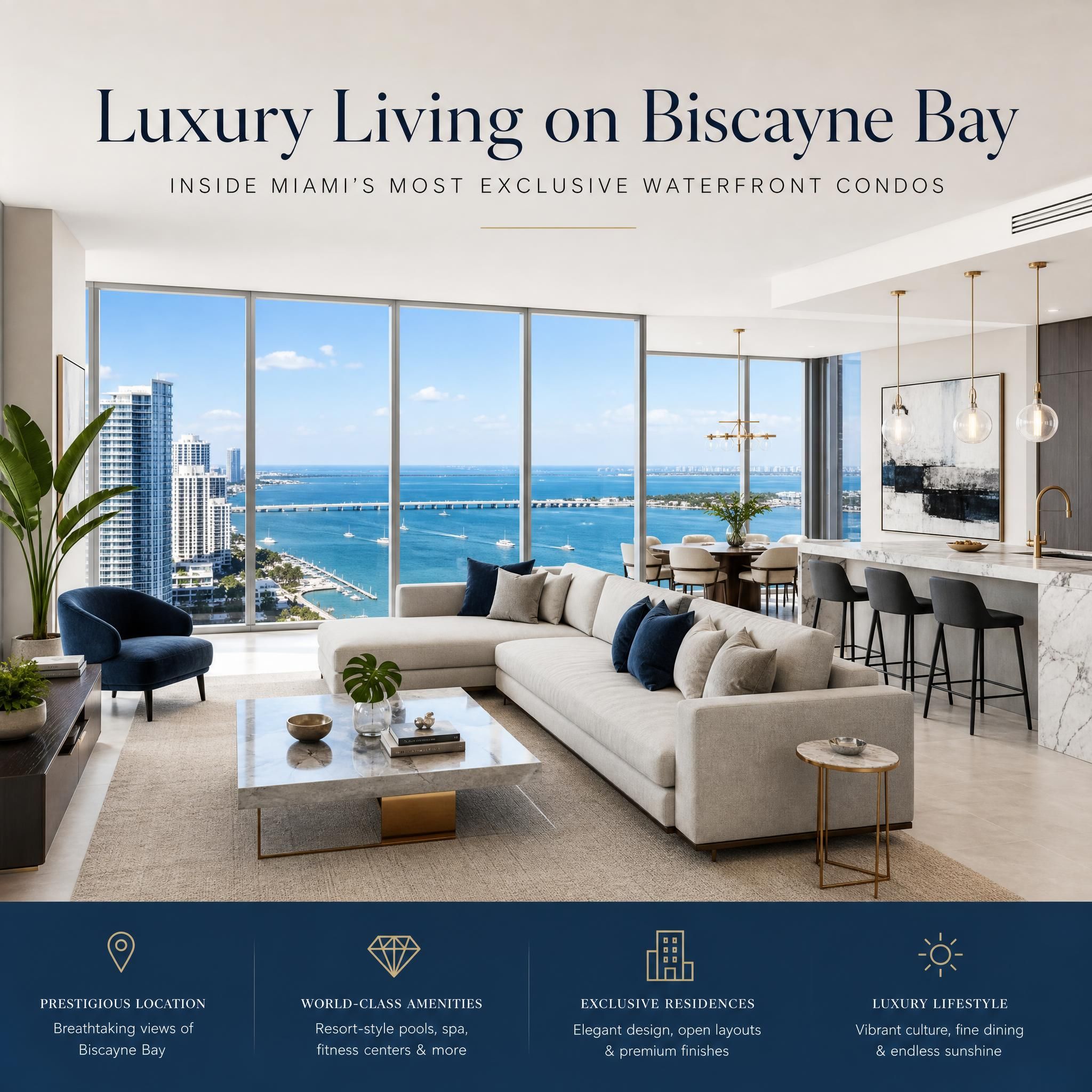 Luxury high-rise condo interior with floor-to-ceiling windows overlooking Biscayne Bay, showcasing open-plan living space with designer furnishings