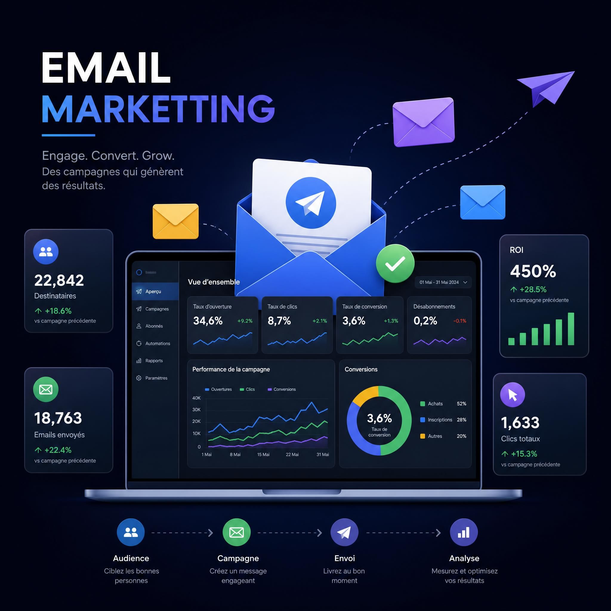 Illustration d'une campagne email marketing avec enveloppes numériques, graphiques de conversion et tableau de bord analytique sur fond sombre