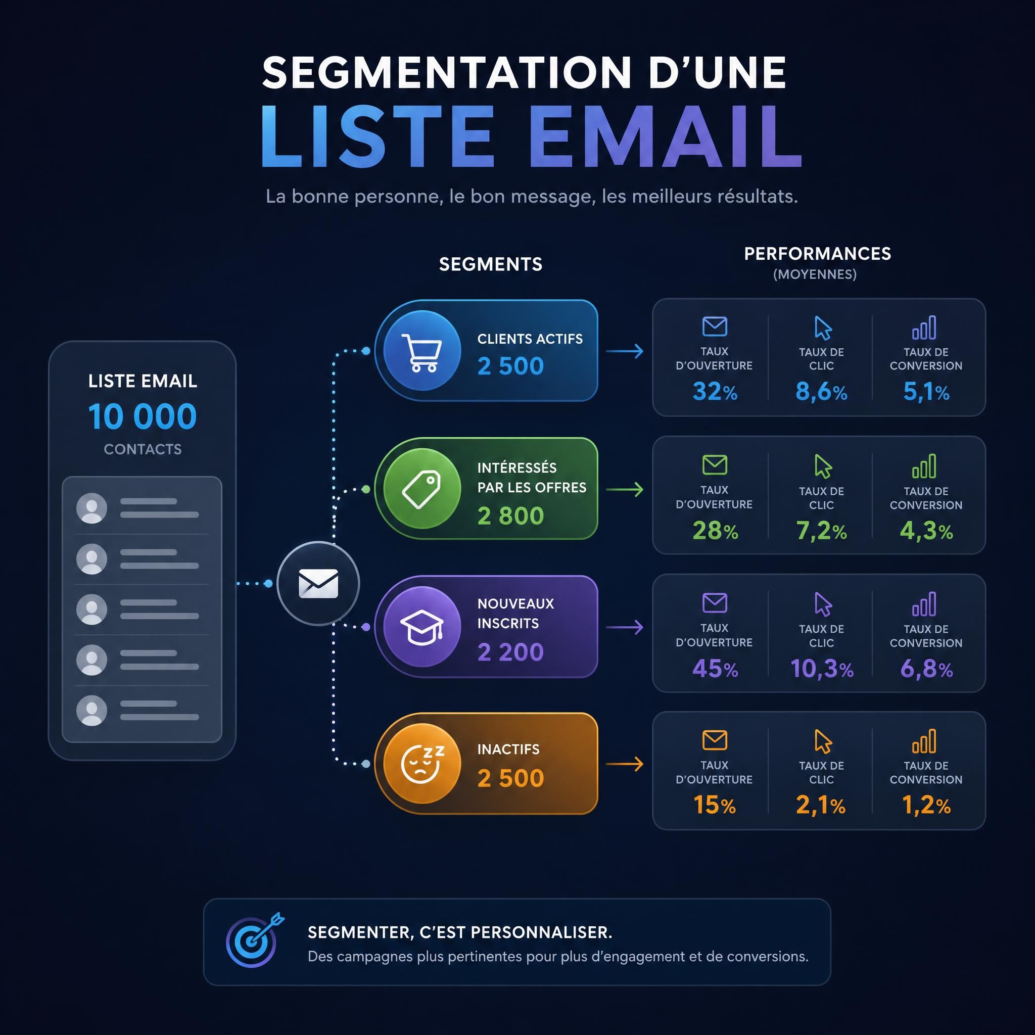 Schéma illustrant la segmentation d'une liste email en plusieurs segments colorés avec indicateurs de performance sur fond sombre