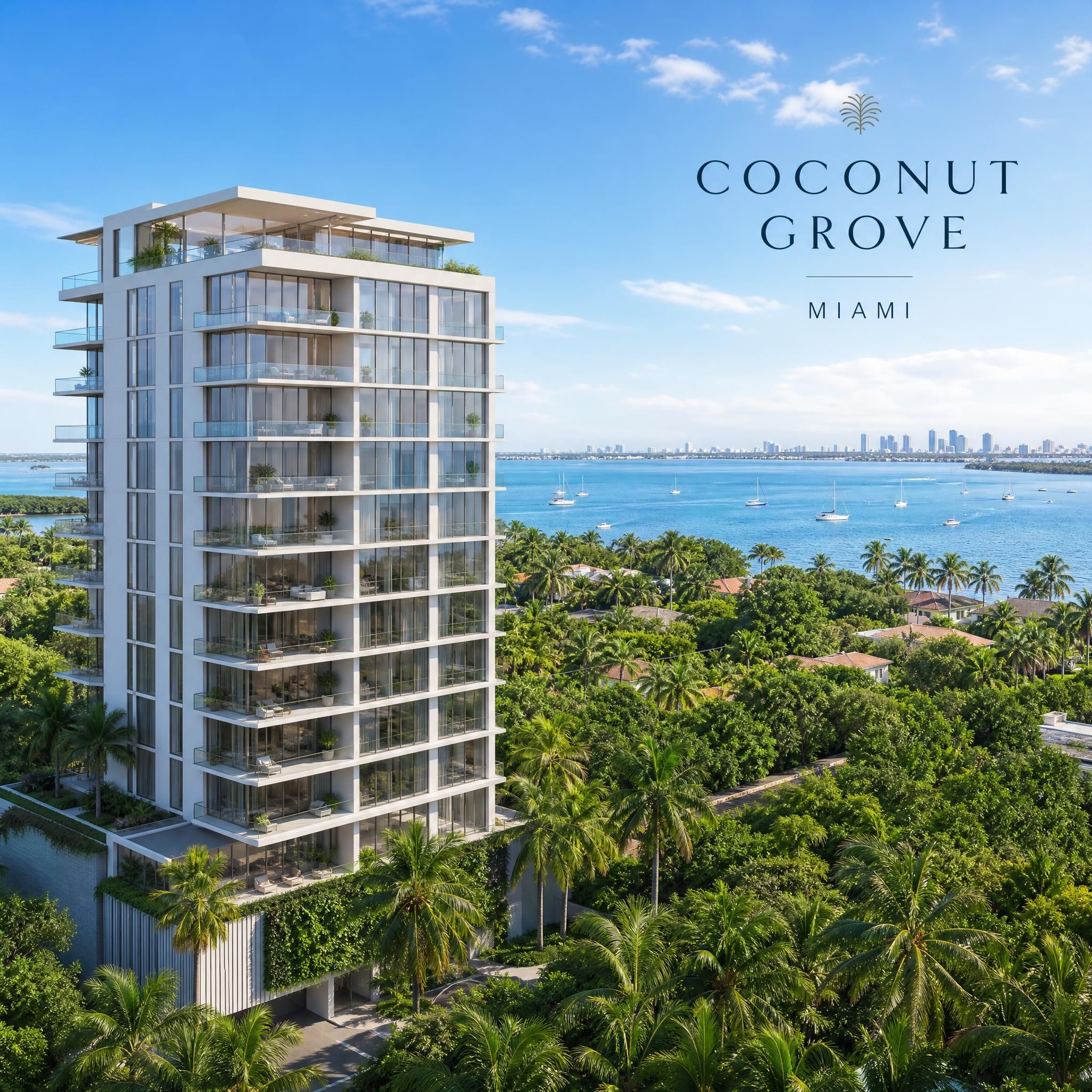 Luxury residential tower in Coconut Grove Miami surrounded by lush tropical greenery with Biscayne Bay visible in the background