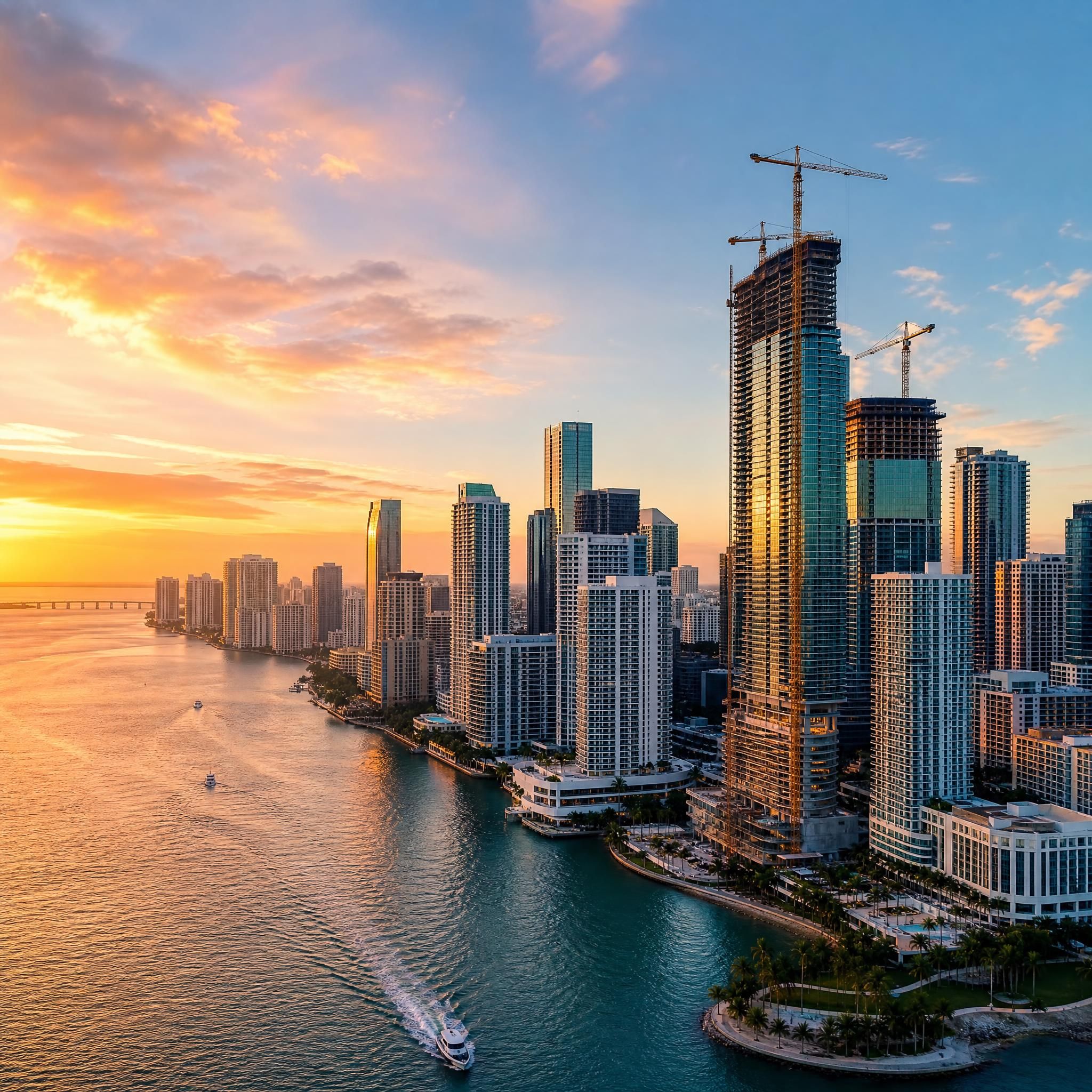 Aerial sunset view of Miami's luxury skyline with Biscayne Bay waterfront and new high-rise towers under construction