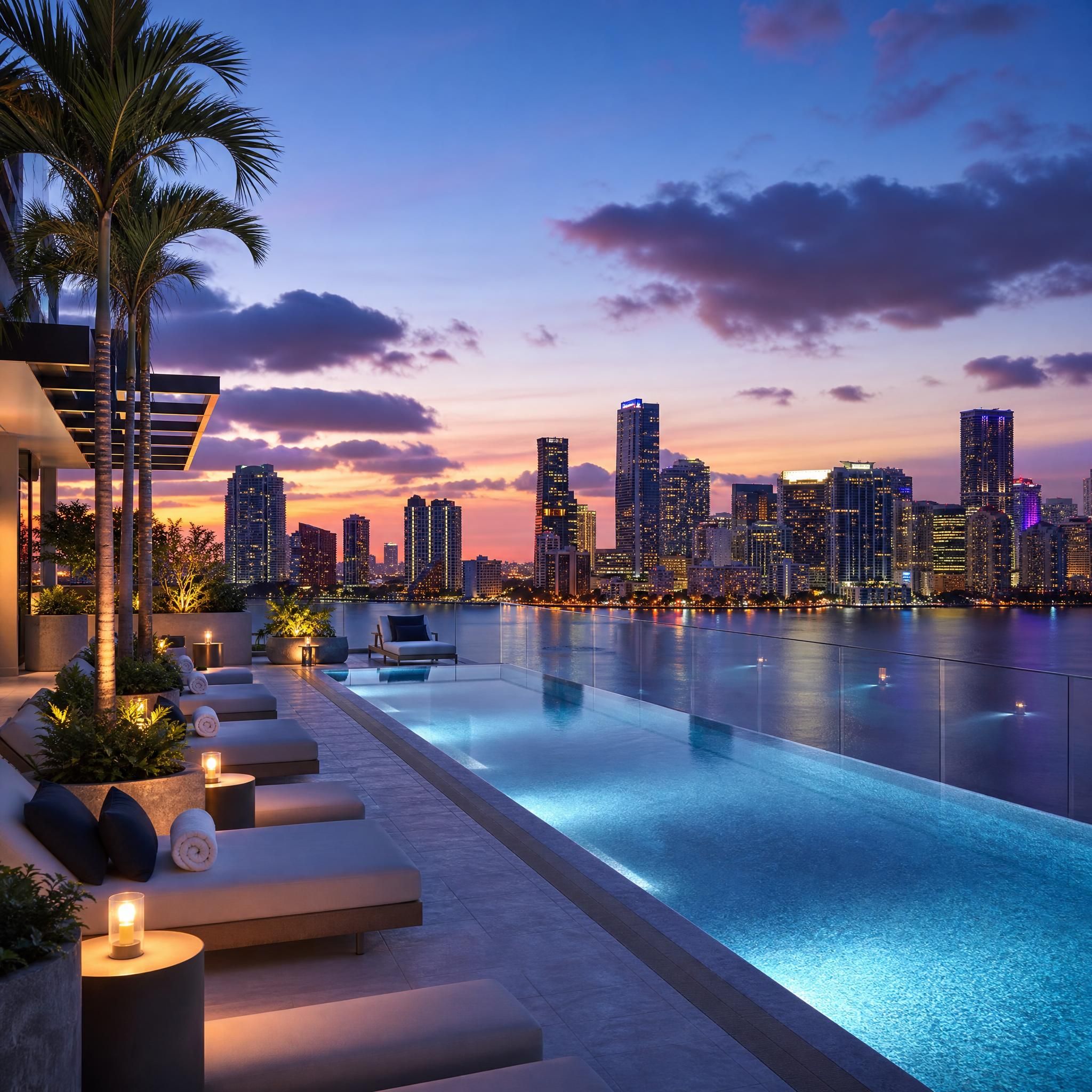Luxury rooftop pool overlooking Miami's waterfront skyline at dusk with city lights reflecting on the water