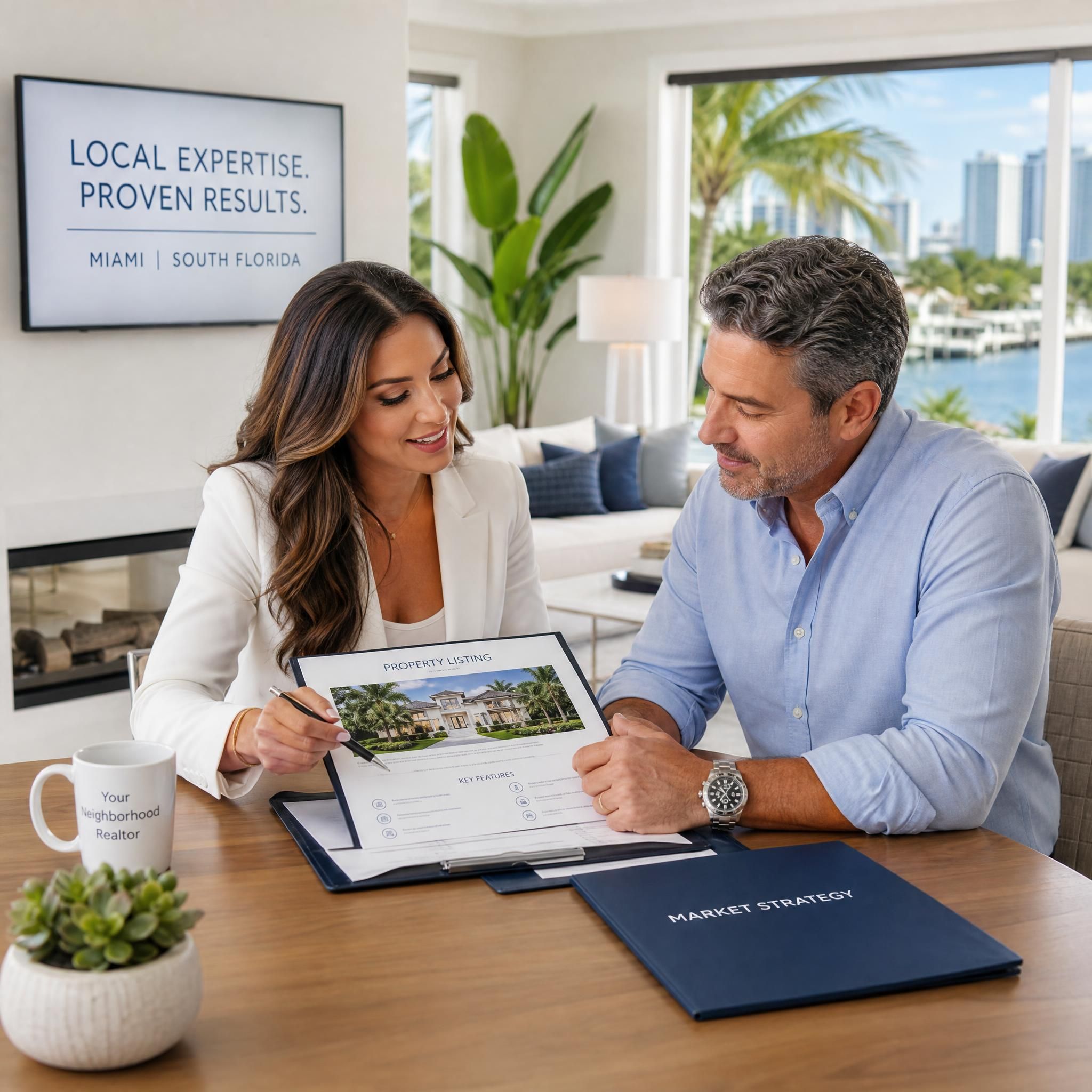 Professional real estate agent reviewing property listing documents with a homeowner at a South Florida home, Miami realtor for sellers consultation