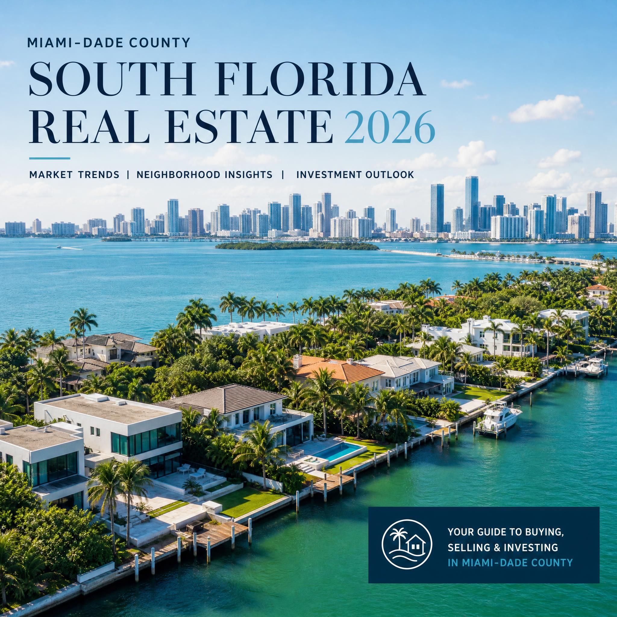 Aerial view of luxury waterfront homes in Miami-Dade County with Biscayne Bay and the Miami skyline in the background, South Florida real estate 2026