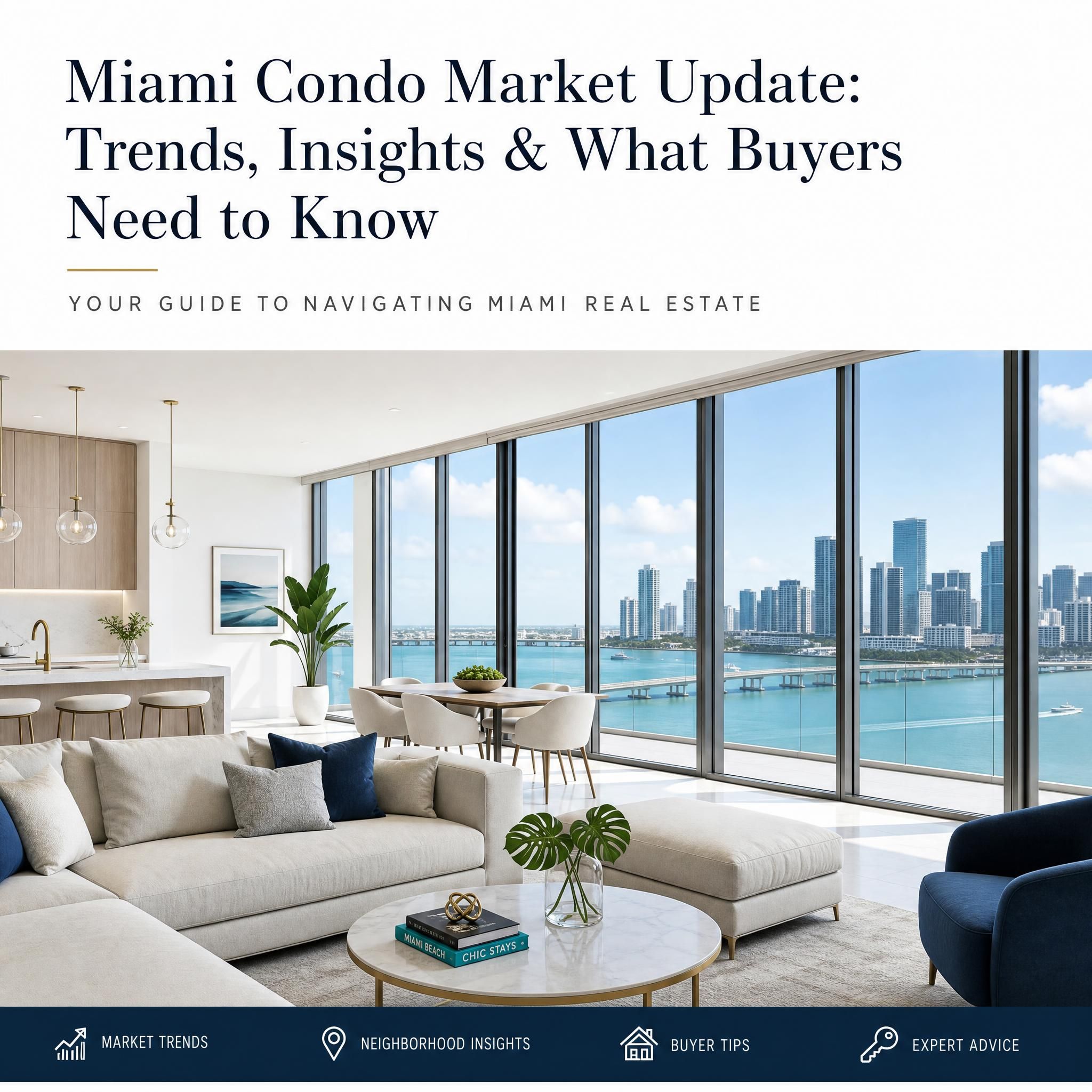 Modern luxury Miami condo interior with floor-to-ceiling windows overlooking Biscayne Bay and the city skyline