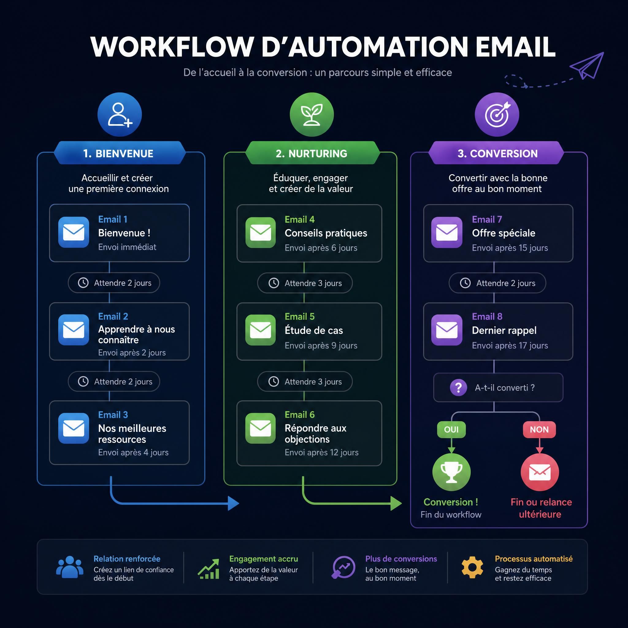 Diagramme d'un workflow d'automation email avec étapes de bienvenue, nurturing et conversion, sur fond sombre avec couleurs vives