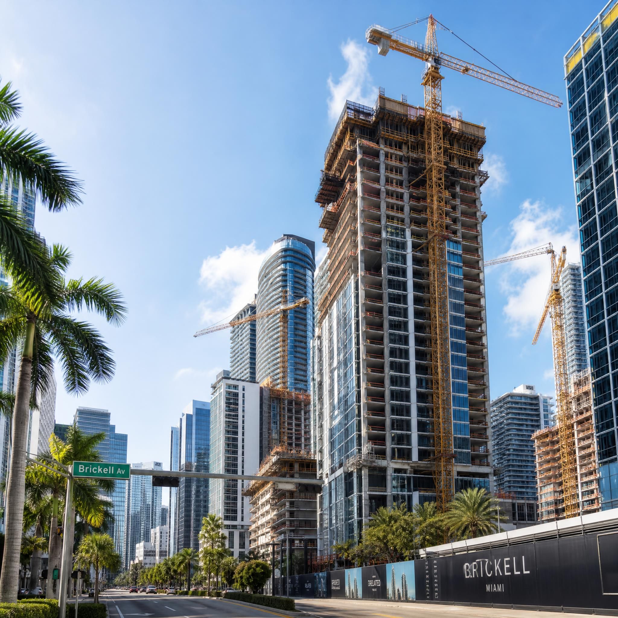 Street-level view of Brickell Avenue luxury condo towers under construction with construction cranes against the Miami skyline