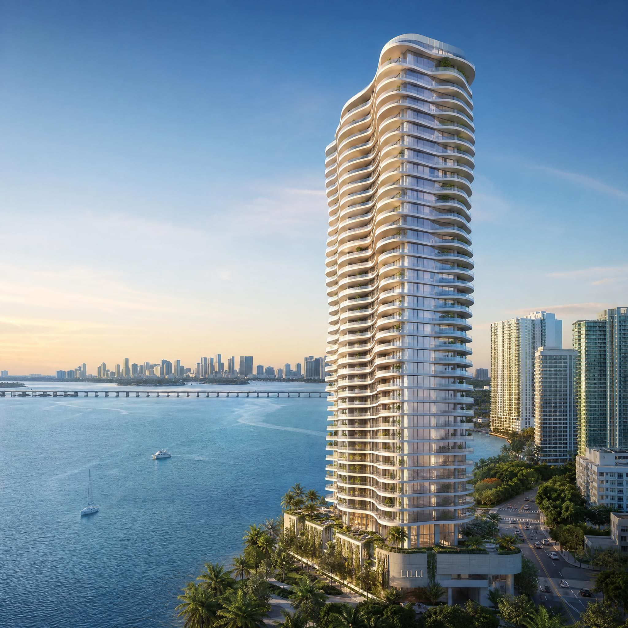 Rendering of Lilli tower's sinuous architectural form rising above Biscayne Bay in Miami's Edgewater neighborhood, with panoramic water views