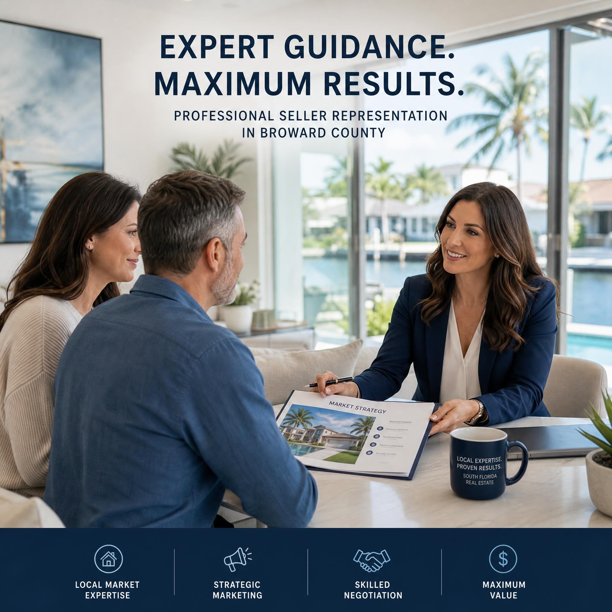 Professional South Florida real estate agent consulting with sellers at a modern home in Broward County, representing expert seller representation and consultation