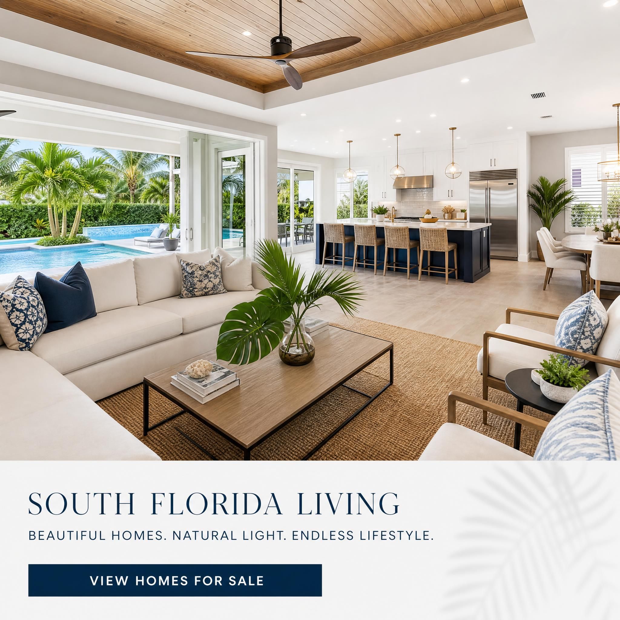Beautifully staged South Florida home interior with tropical natural light, open floor plan, and modern furnishings for sale listing