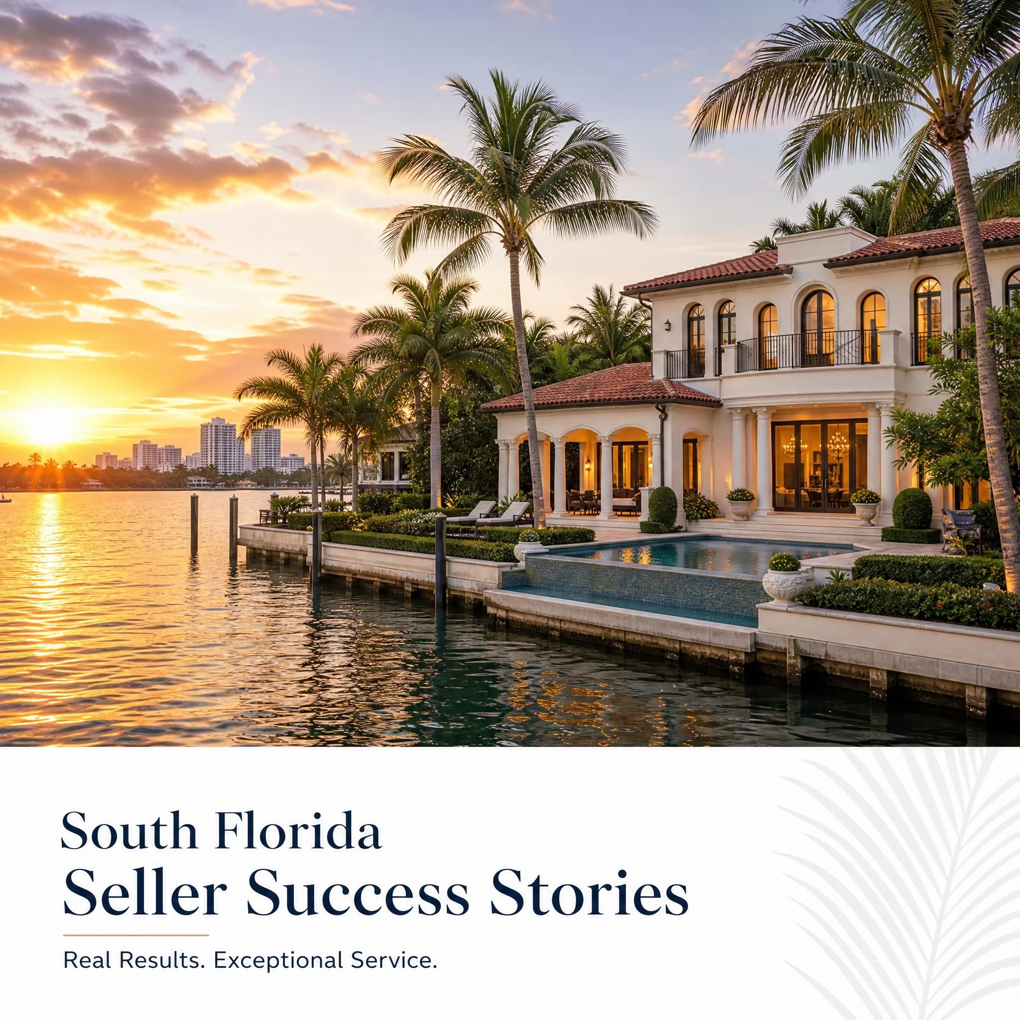 Stunning waterfront luxury property in Coral Gables, Miami-Dade County at sunset — hero image for South Florida real estate seller success stories article