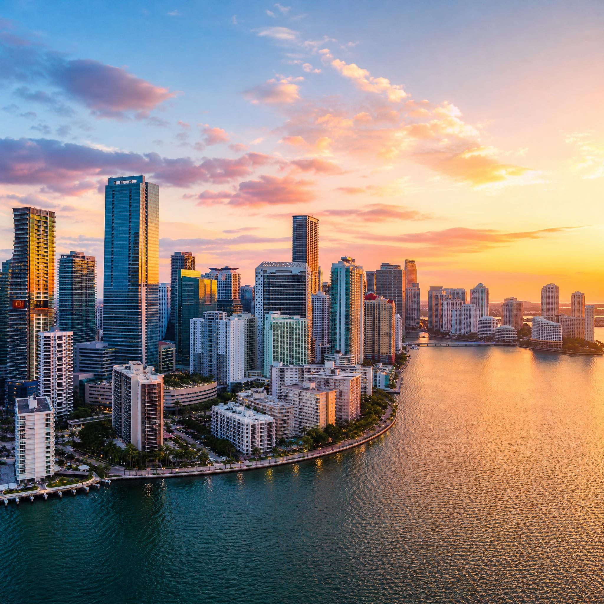 Aerial drone view of Miami's luxury waterfront skyline at sunset with Brickell high-rises and Biscayne Bay