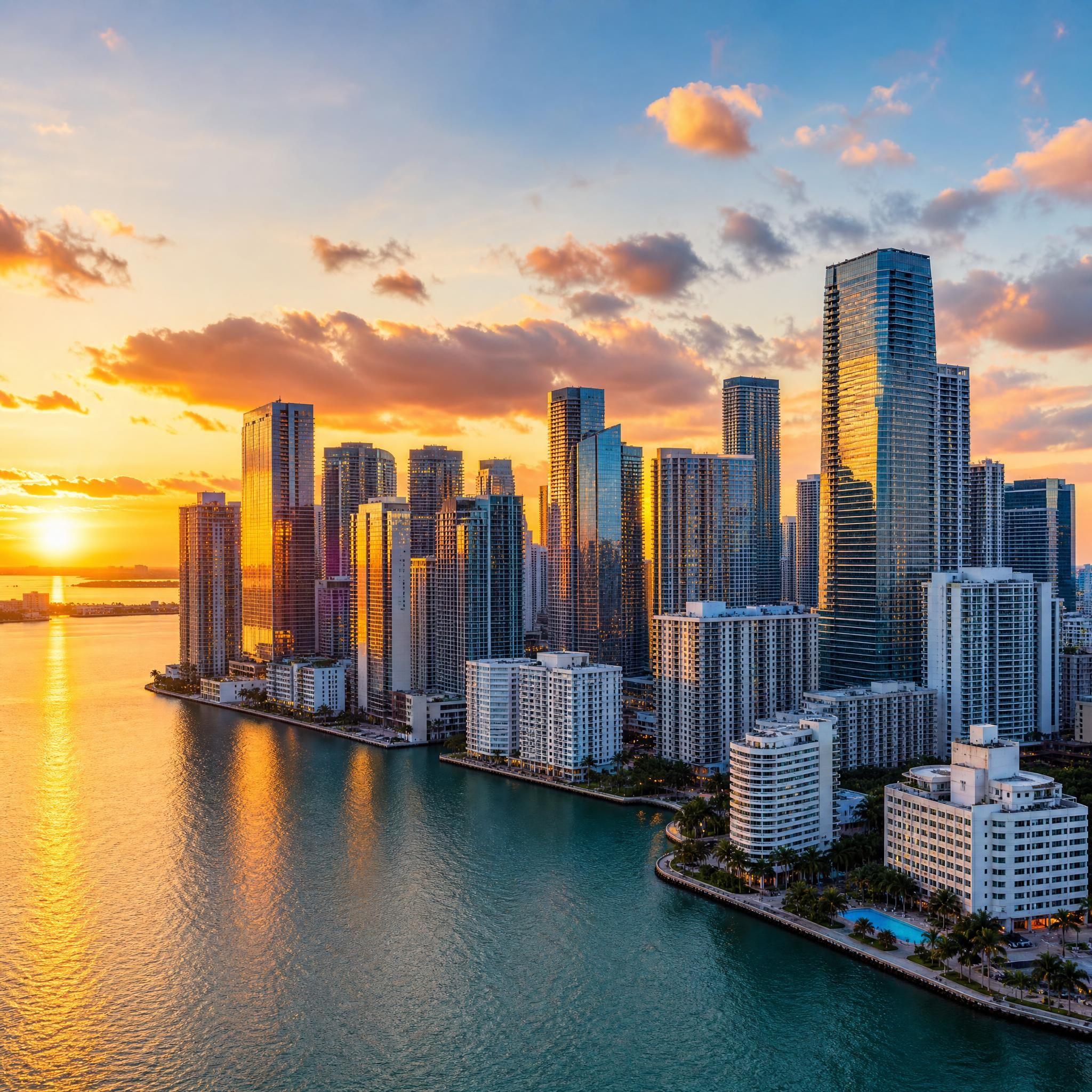 Aerial view of Miami's Brickell skyline at sunset with luxury high-rise towers reflecting over Biscayne Bay