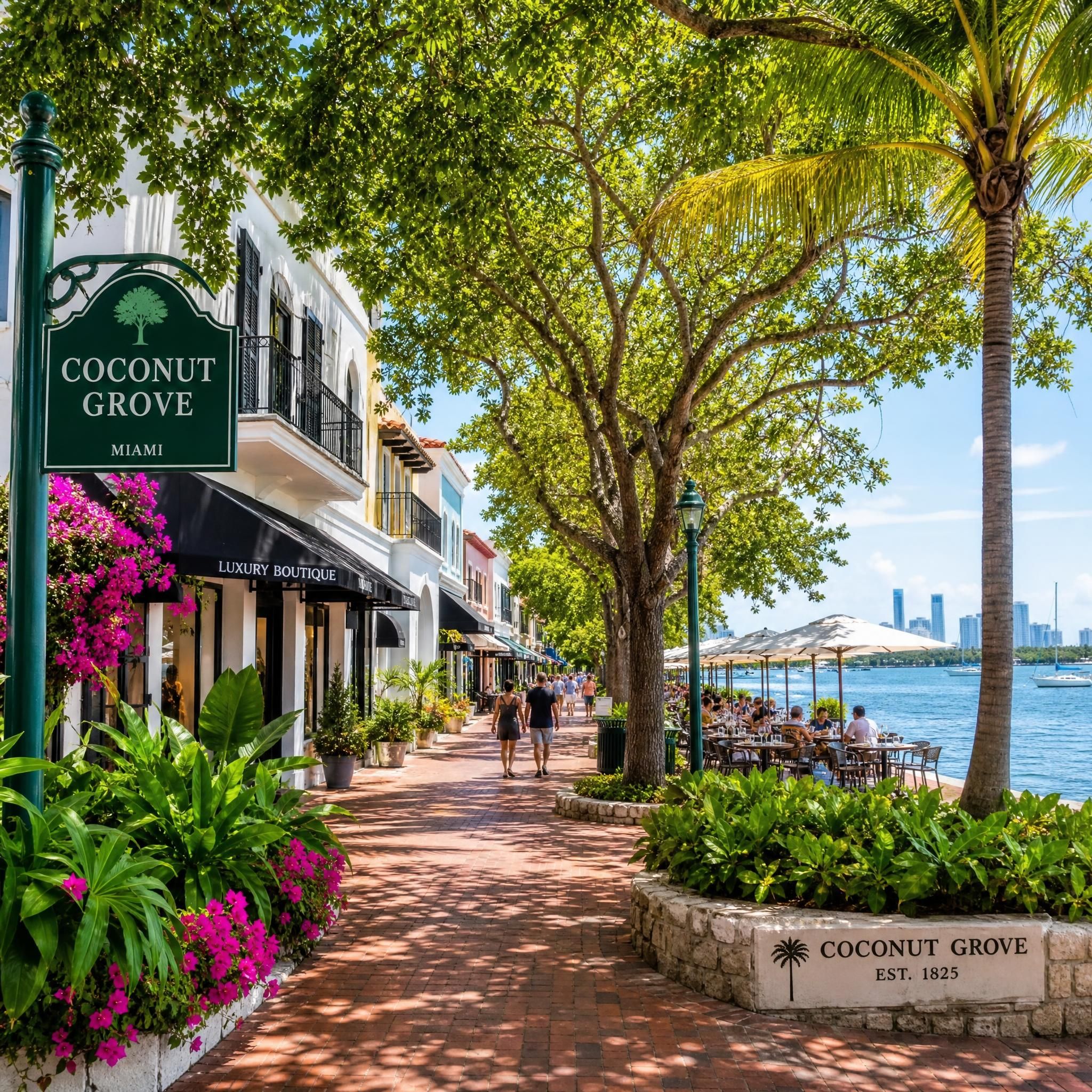Vibrant Coconut Grove neighborhood streetscape with lush tropical foliage, waterfront dining, and luxury boutiques reflecting Miami's historic charm