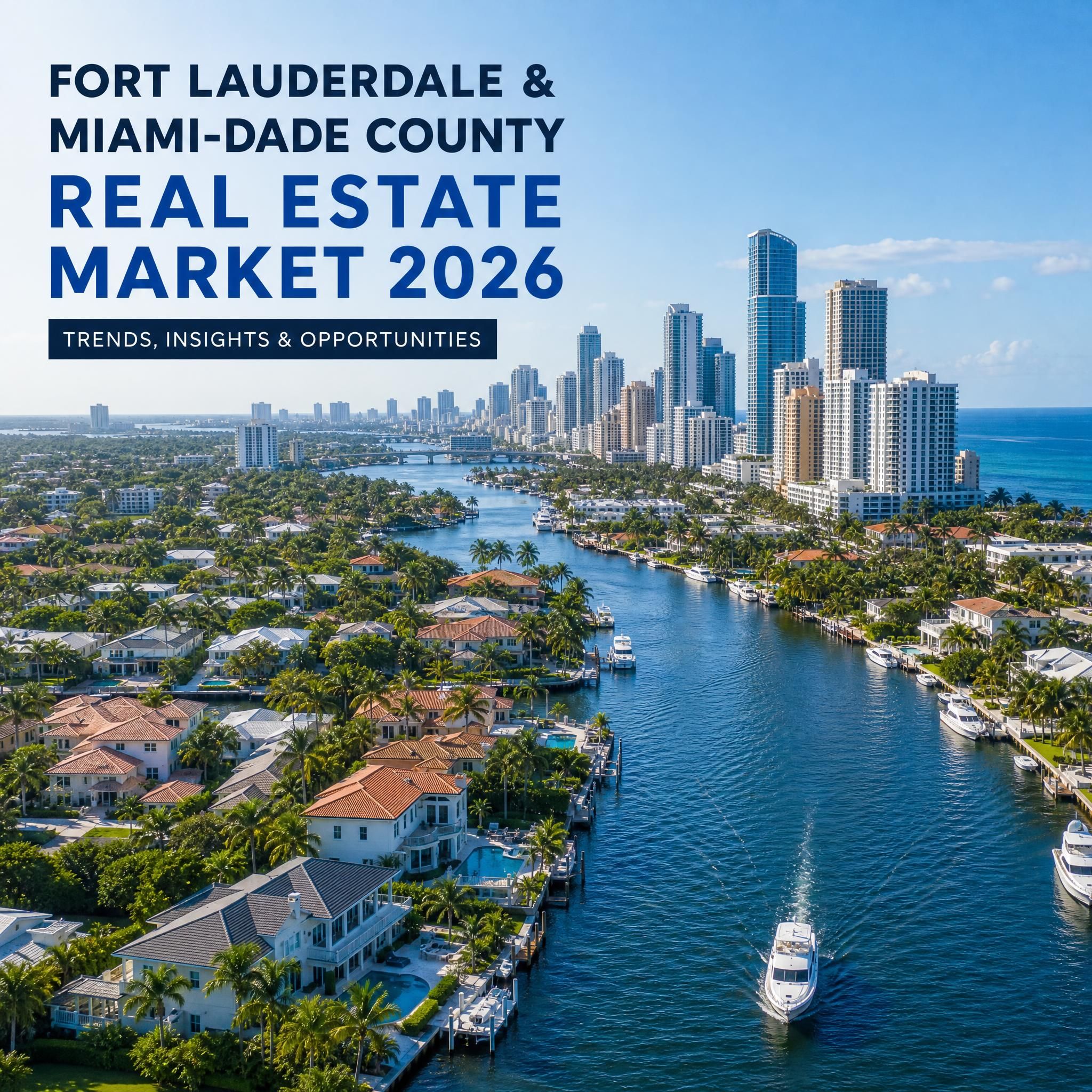 Aerial view of Fort Lauderdale and Miami-Dade County waterfront neighborhoods with canals and skyline, South Florida real estate market 2026