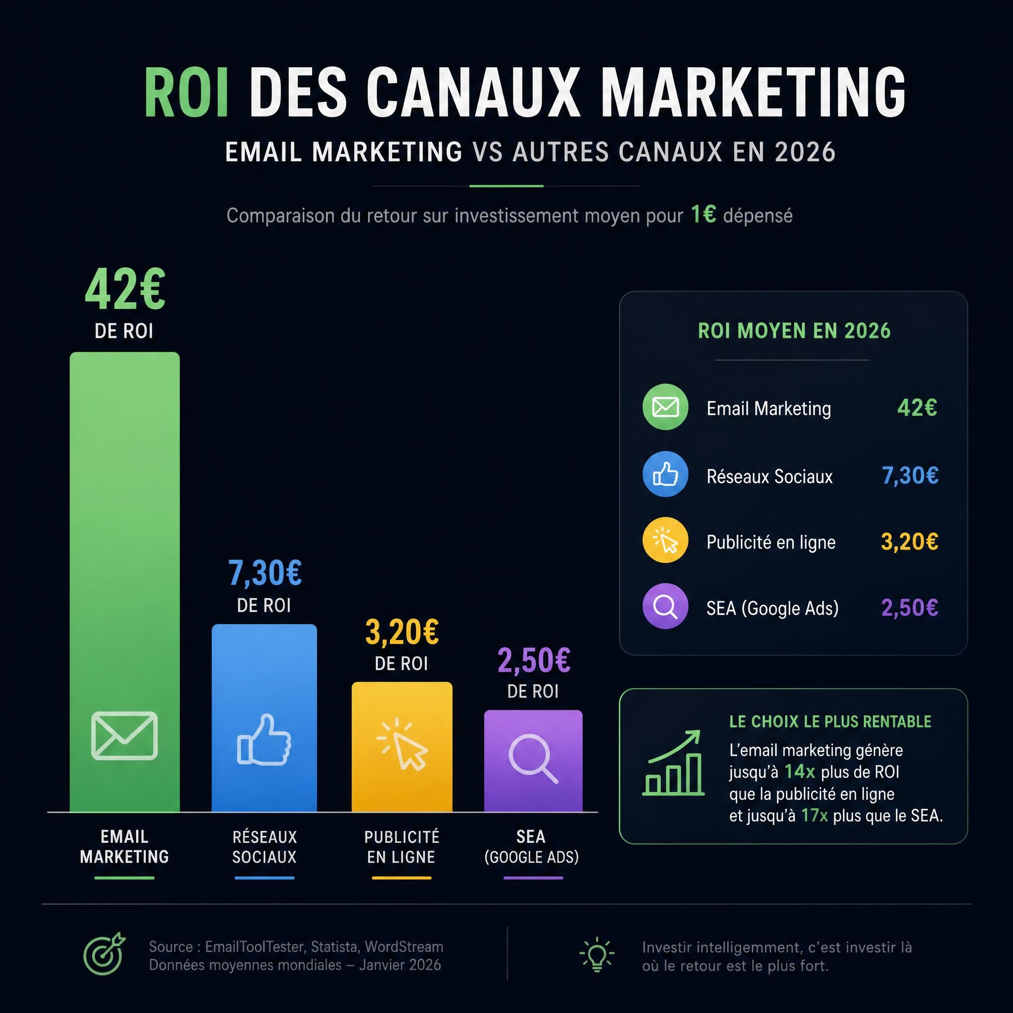 Graphique comparatif du ROI de l'email marketing versus publicité en ligne, réseaux sociaux et SEA sur fond sombre avec données 2026