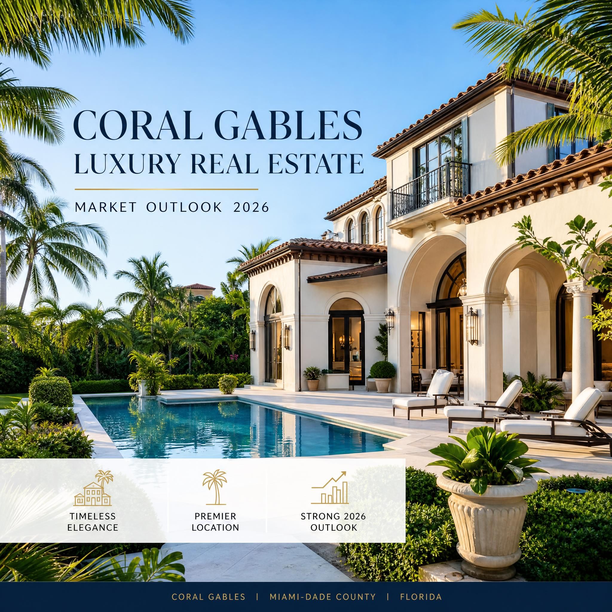 Elegant Coral Gables luxury estate with lush tropical landscaping and private pool, representing Miami-Dade luxury real estate market 2026