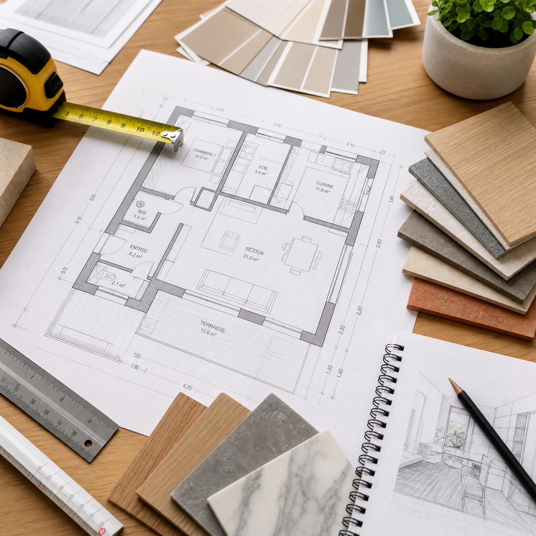 Plan de rénovation d'une maison sur une table avec des outils de mesure et des échantillons de matériaux
