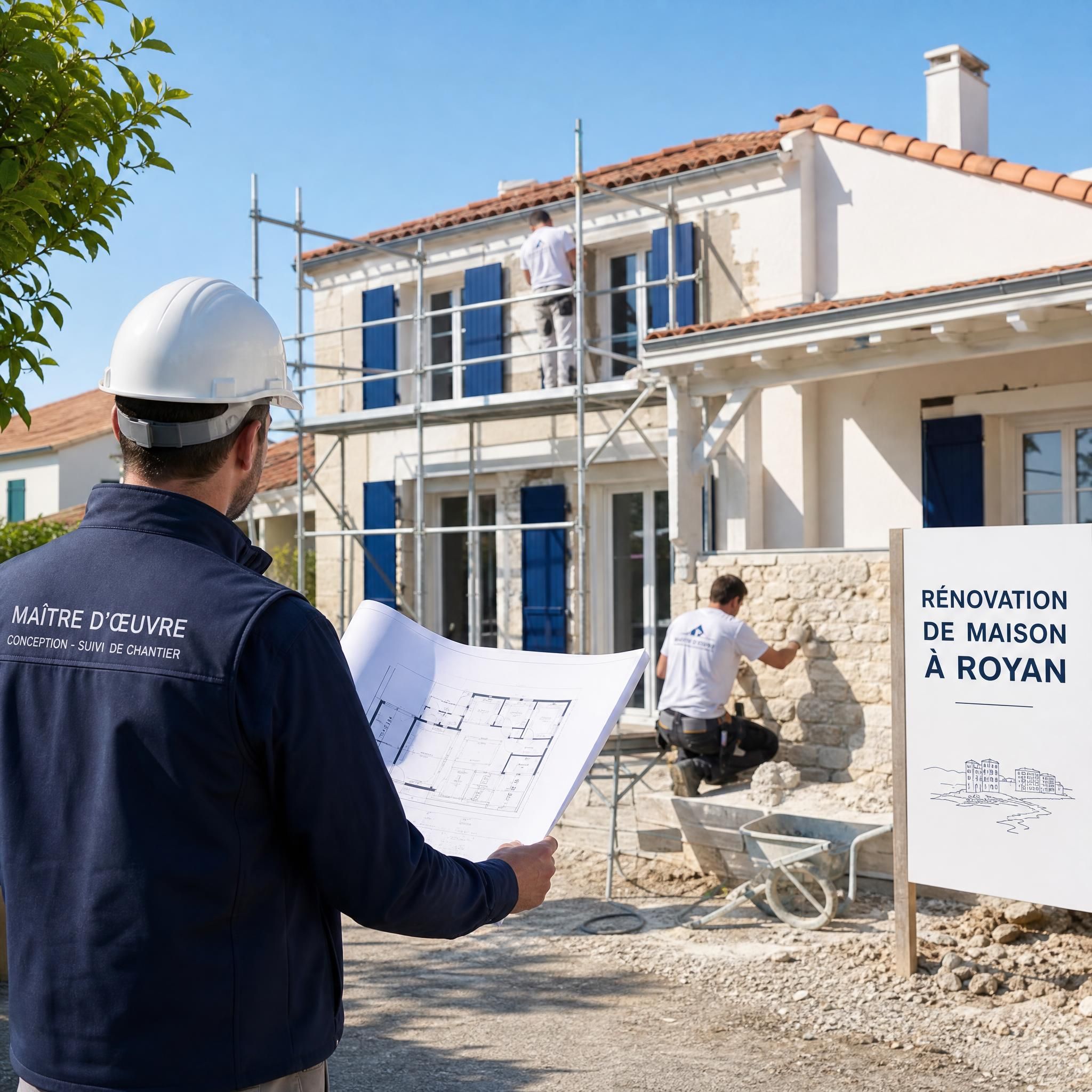 Chantier de rénovation d'une maison à Royan avec un maître d'œuvre supervisant les artisans sur le terrain