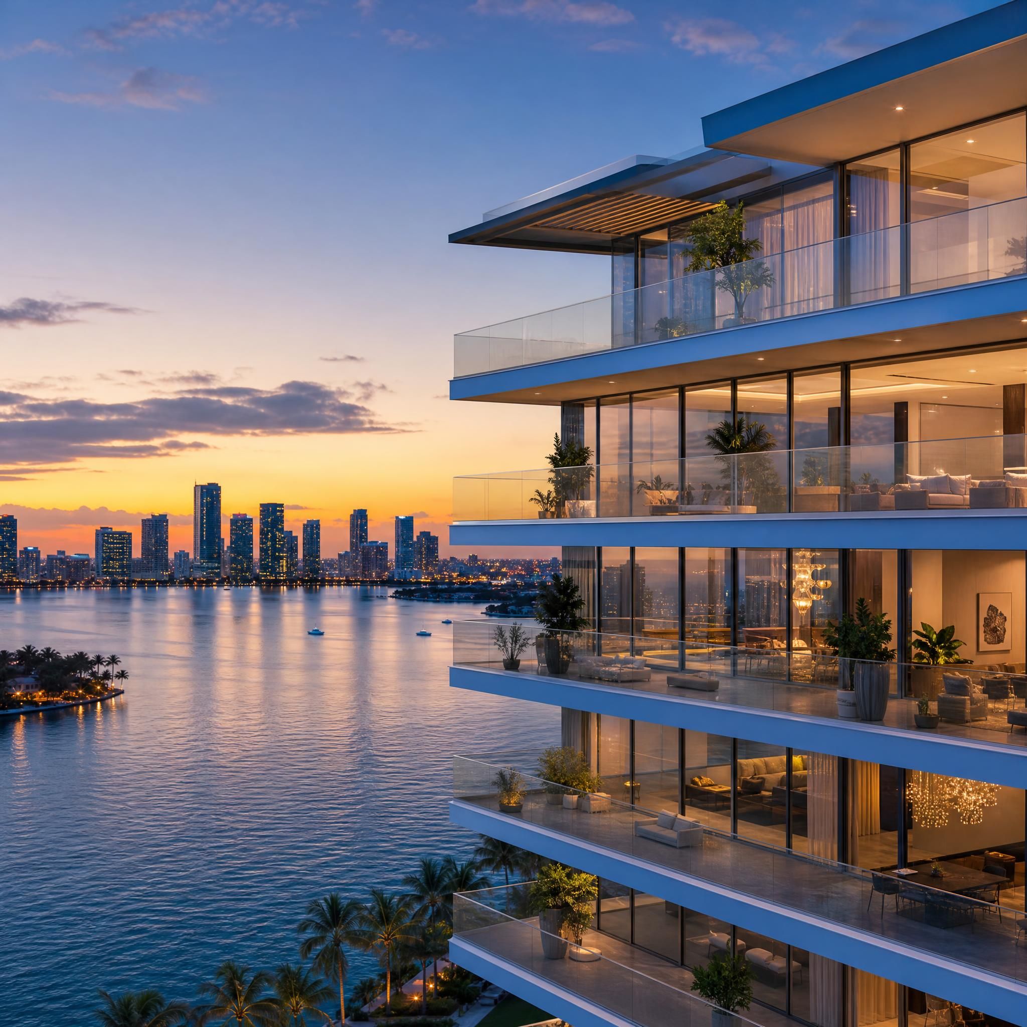 Luxury new construction Miami condo building exterior with architectural glass facade and waterfront views at dusk