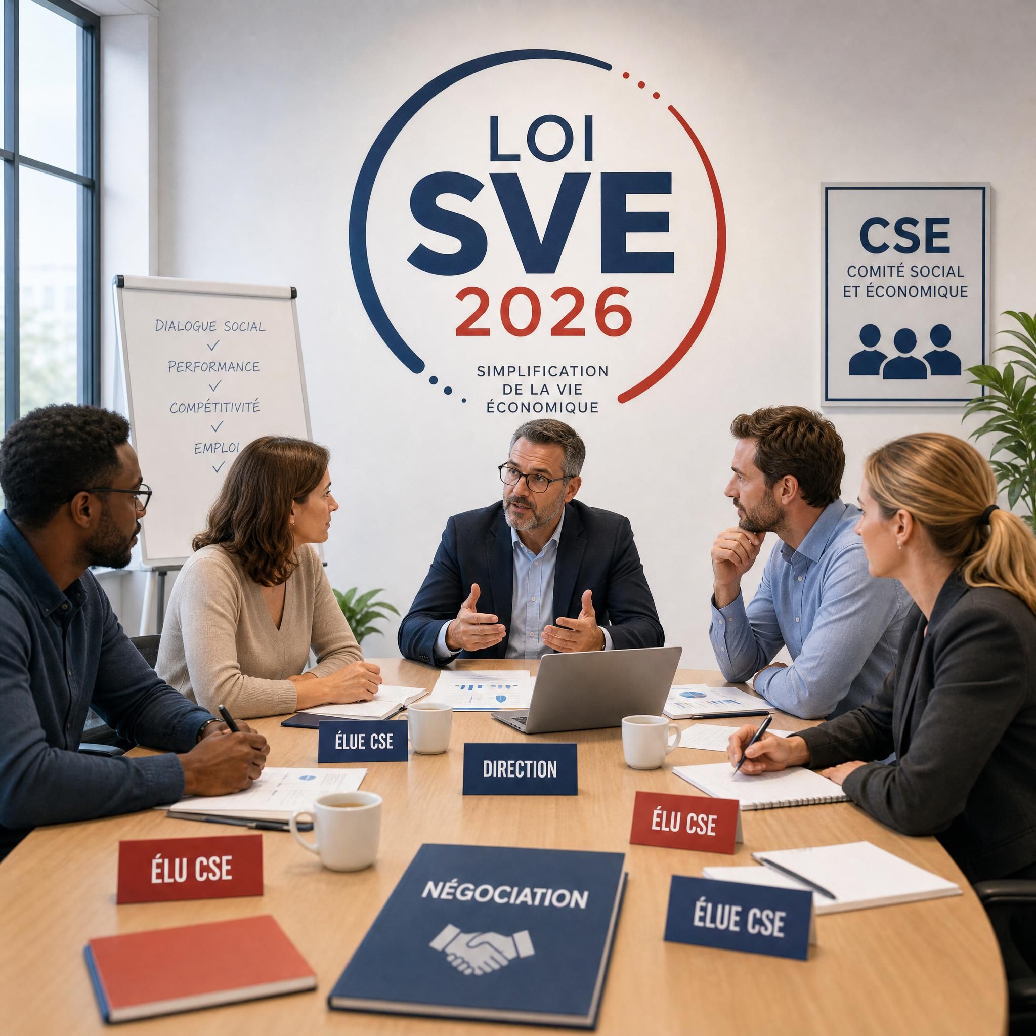 Illustration représentant une réunion du Comité Social et Économique (CSE) en entreprise, avec des élus et un dirigeant autour d'une table de négociation, logo loi SVE 2026 en arrière-plan