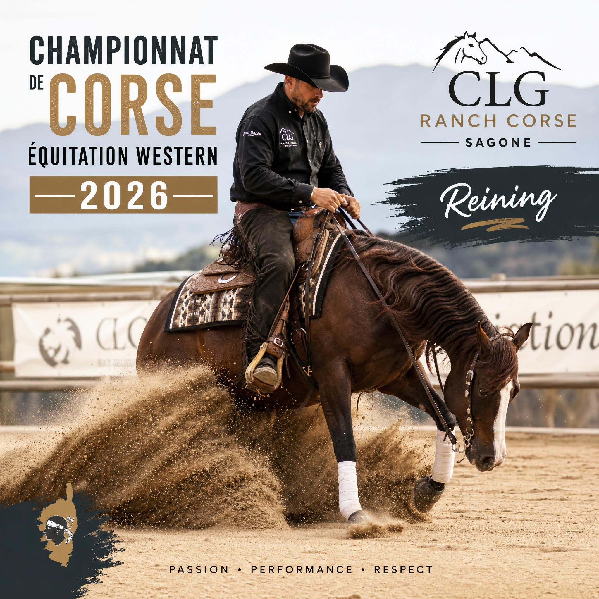 Cavalier en pleine action lors d'une épreuve de reining au Championnat de Corse d'équitation western 2026, Écurie CLG Ranch Corse, Sagone
