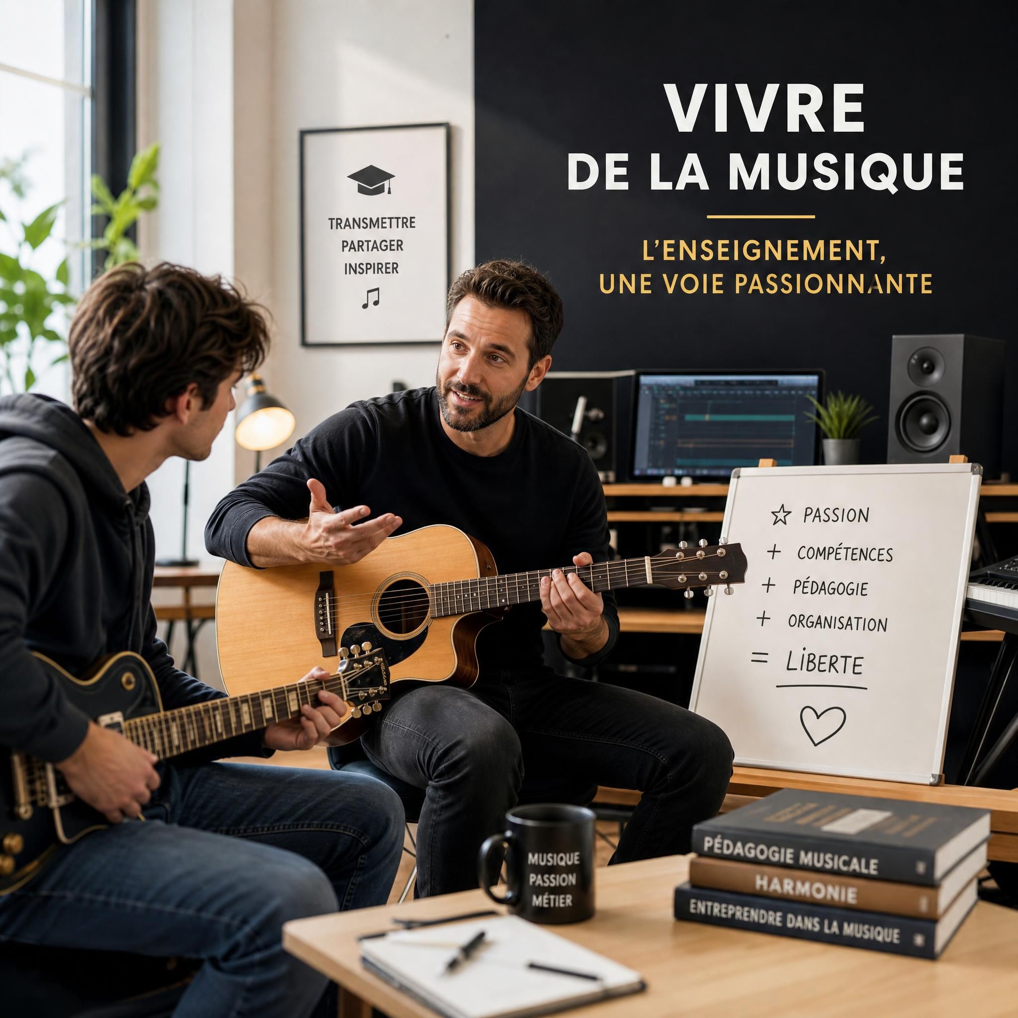 Musicien professionnel donnant un cours de musique à un élève dans un studio moderne, illustrant comment vivre de la musique grâce à l'enseignement