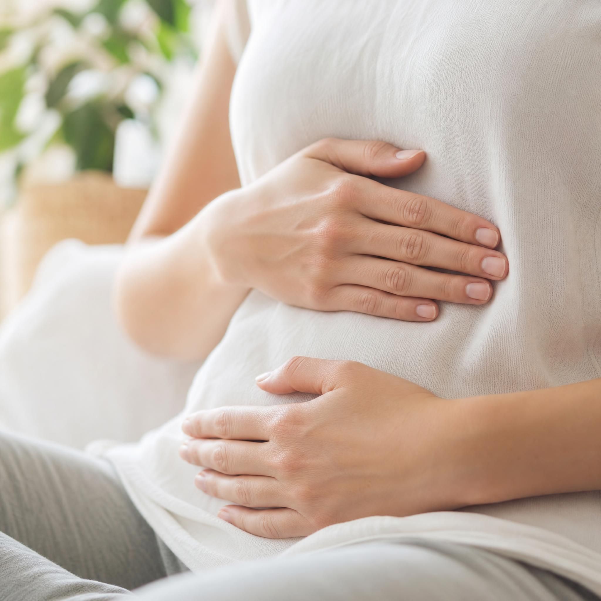 gros plan sur des mains posées doucement sur le ventre lors d'un exercice de respiration consciente, lumière naturelle douce
