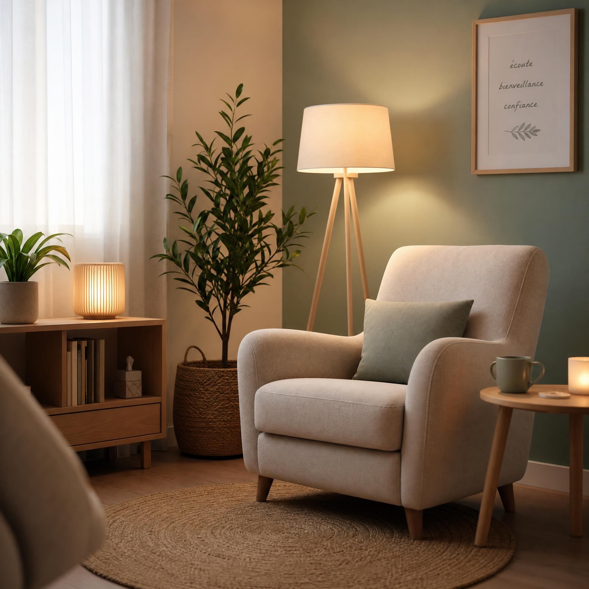 espace de soin apaisant avec fauteuil confortable, lumière douce tamisée, plante verte, évoquant un cabinet de thérapie bienveillant et sécurisant