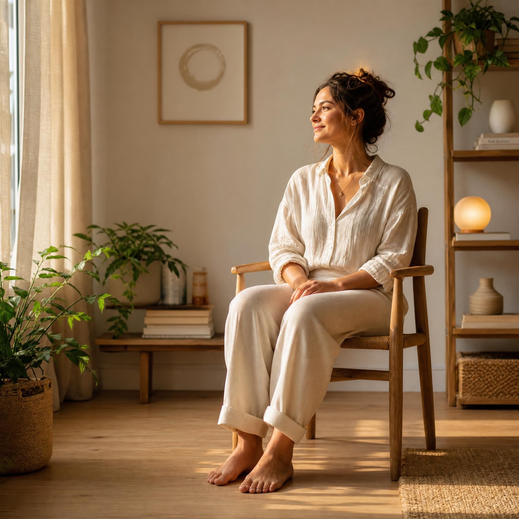 femme assise les pieds ancrés au sol dans un espace intérieur calme, lumière dorée naturelle, posture détendue évoquant la stabilité et l'ancrage intérieur
