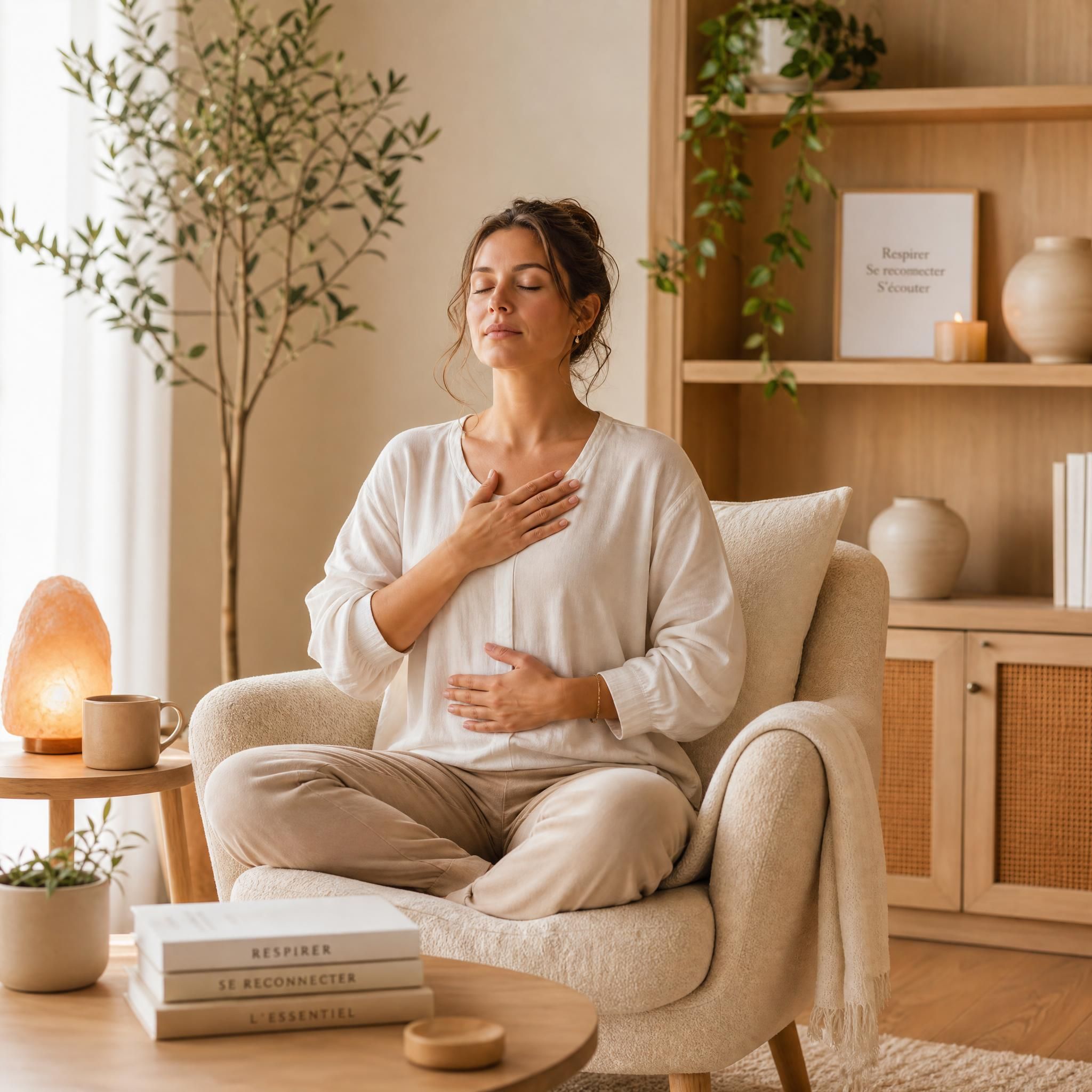 femme pratiquant un exercice de respiration profonde assise dans un fauteuil confortable, yeux fermés, ambiance chaleureuse et apaisante aux tons beige et bois clair
