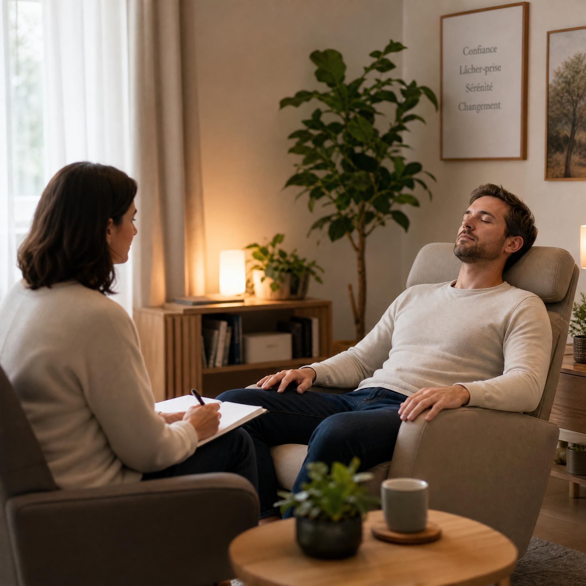 Thérapeute et patient en séance d'hypnose thérapeutique dans un cabinet chaleureux, ambiance bienveillante et professionnelle, tons neutres apaisants, sans spirale ni pendule