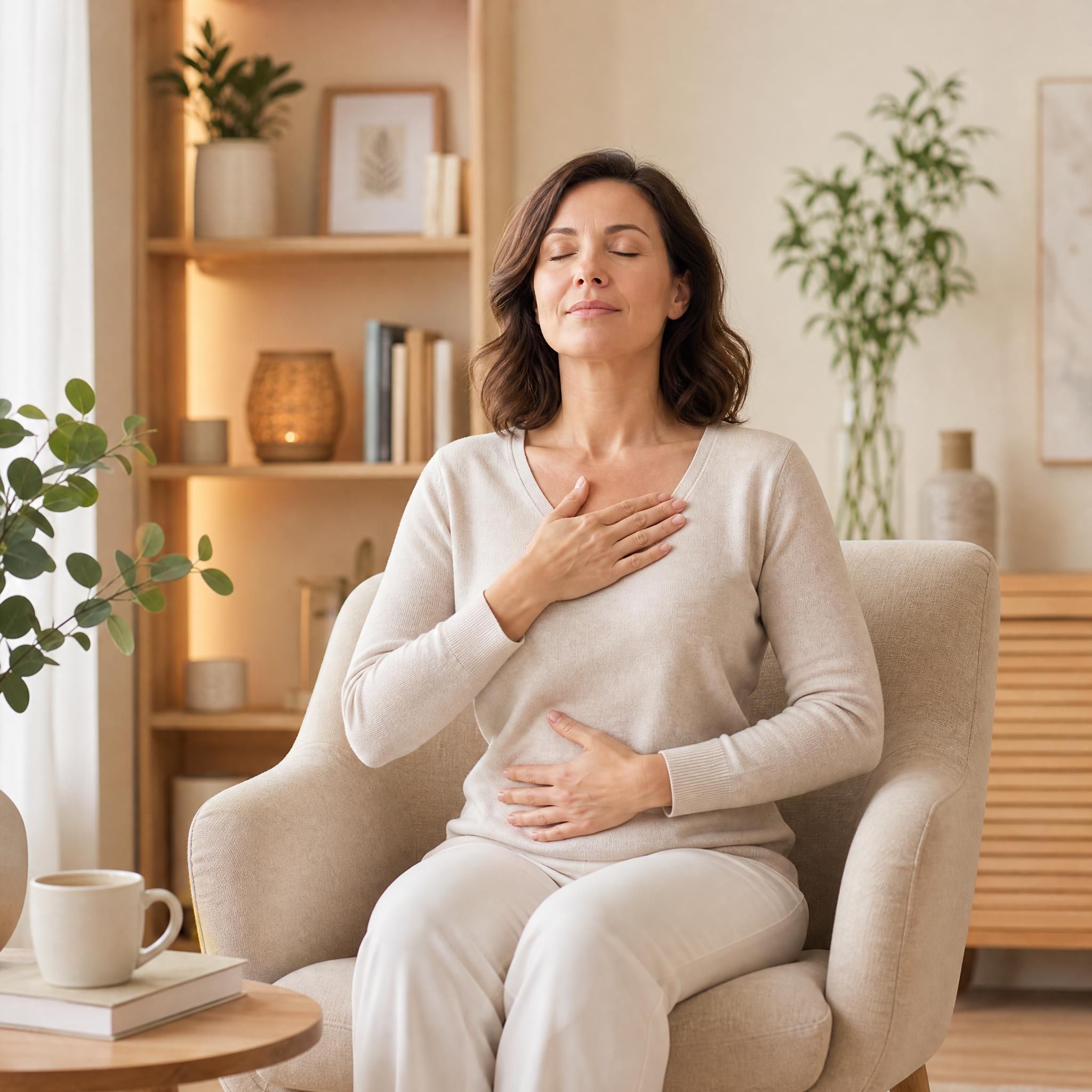 Femme d'environ 40 ans, yeux fermés, visage serein, assise dans un fauteuil chaleureux, pratiquant un exercice de respiration profonde dans un espace lumineux aux tons beige et bois clair